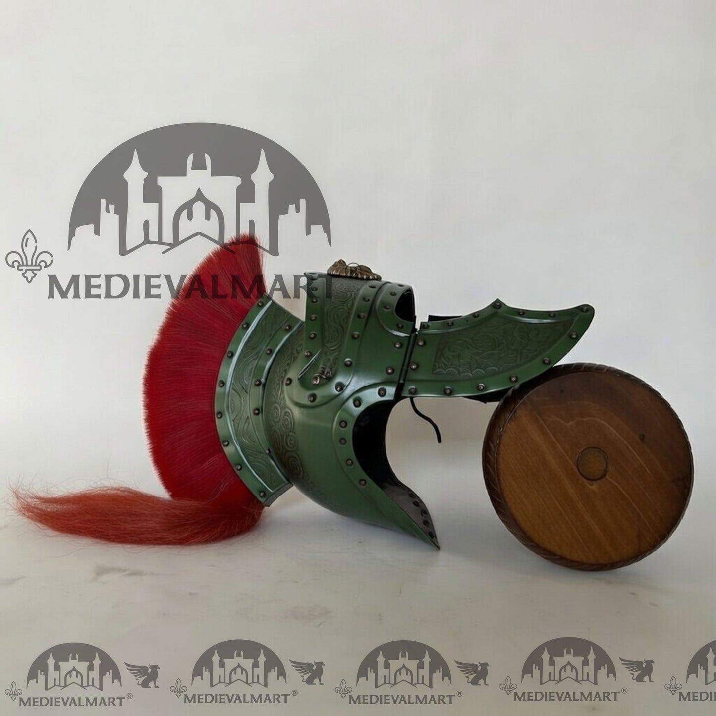 MEDIEVALMART Medieval Roman Centurion Jade Green Finish Helmet with Red Plume or Free Wooden Stand