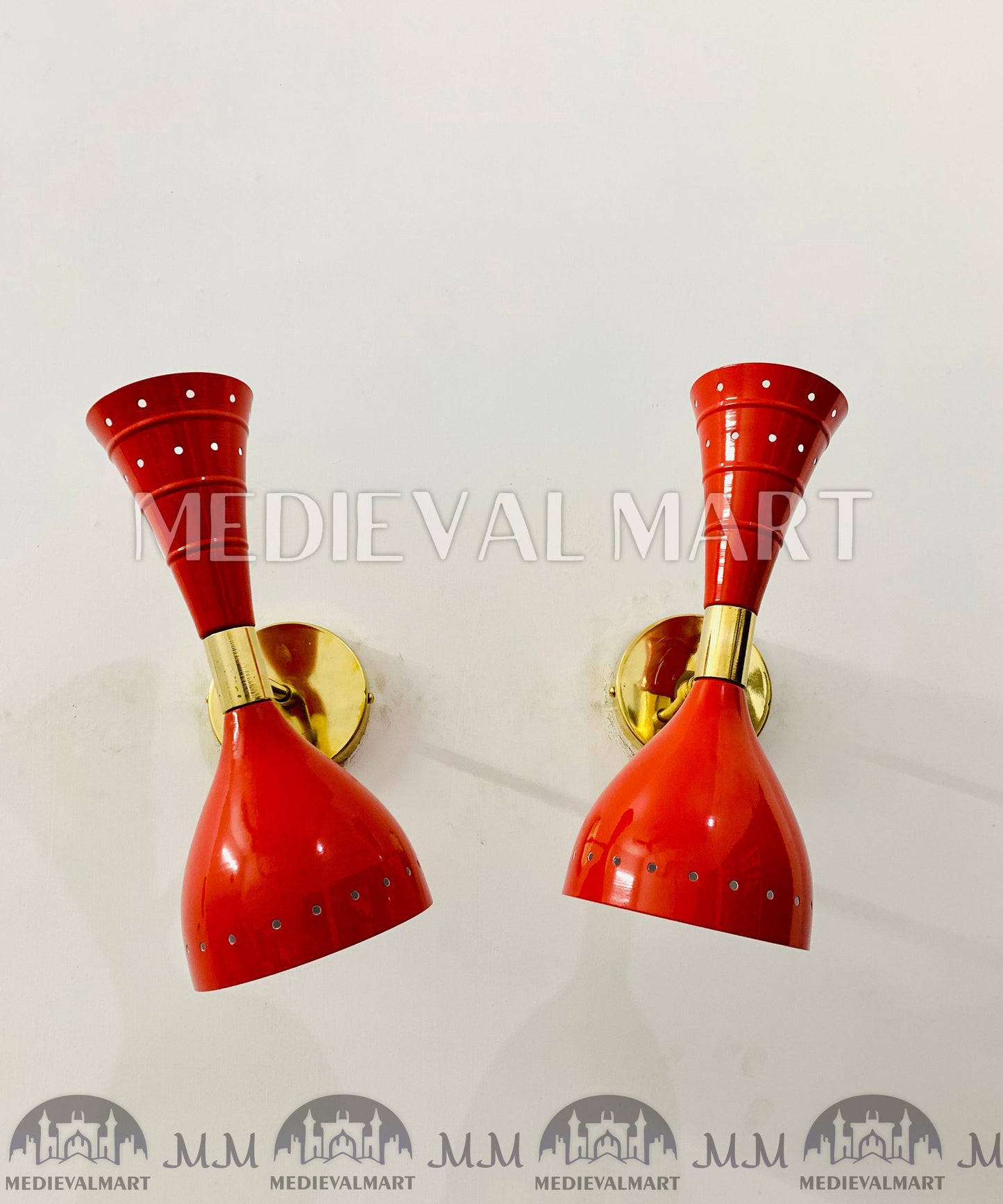 MEDIEVALMART Mid Century Brass Diabolo Wall Sconce Pair: Italian Stilnovo Style