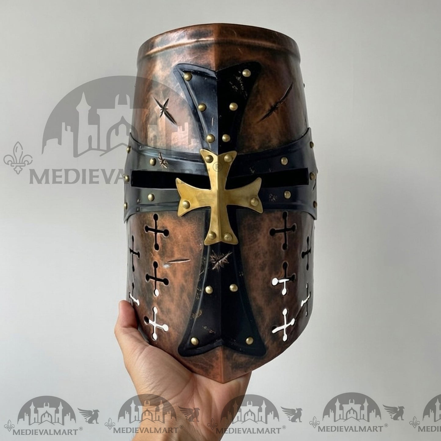 MEDIEVALMART Special Templar Crusader Knight Battle Damage Copper Finish Helmet W/H Free Stand