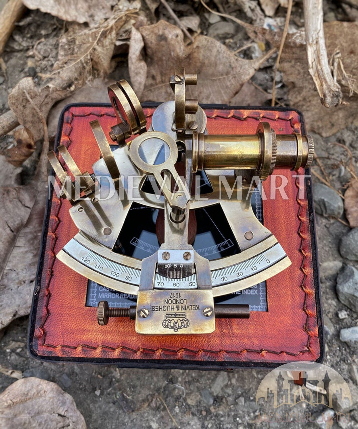 MEDIEVALMART Nautical Victorian Solid Brass Working Sextant W/H Cute Leather Case | Antique Finish - Navigational Instrument, Christmas Gifts