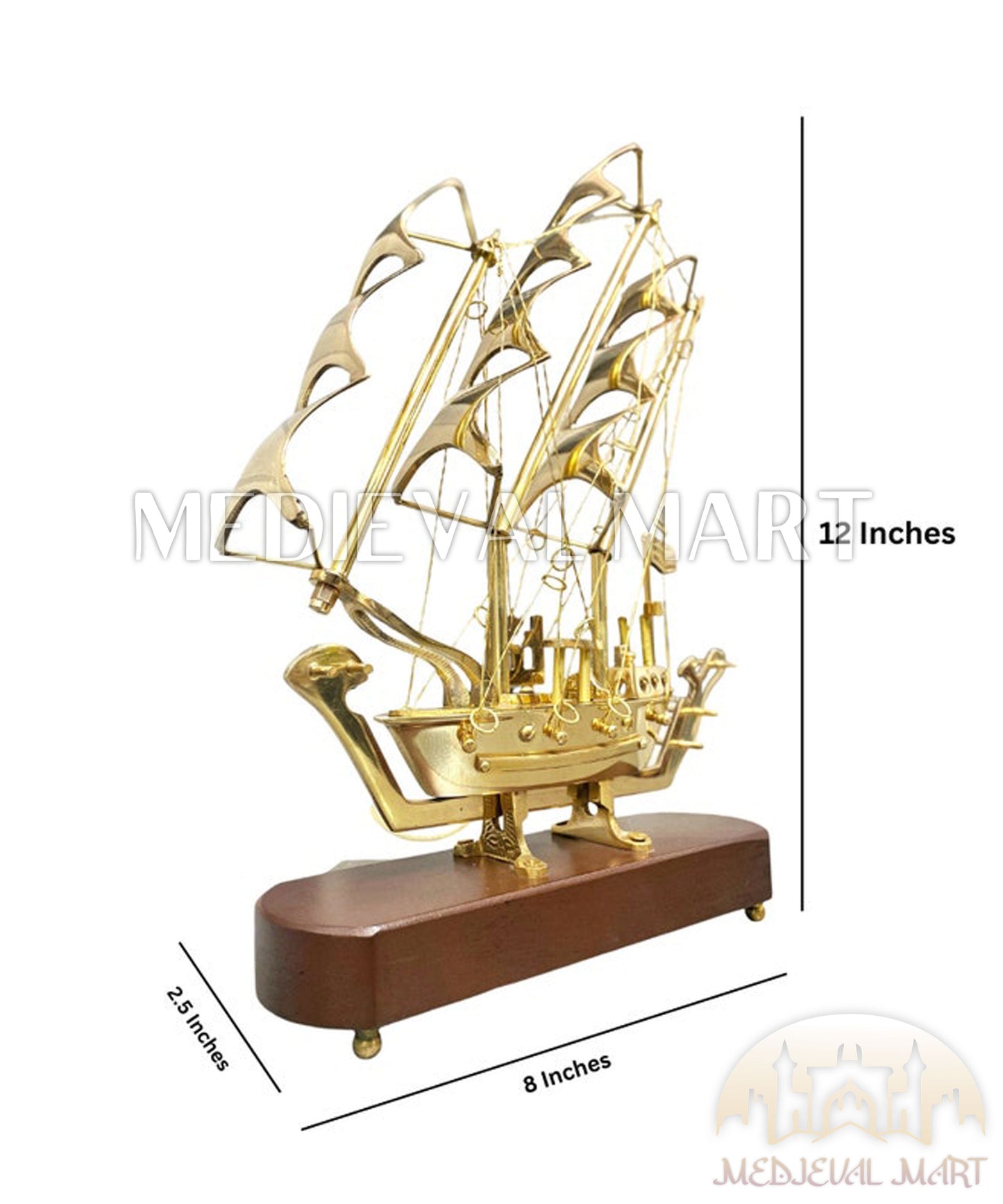 MEDIEVALMART Nautical Shiny Brass Decorative Ship W/H Wooden Base | Showpiece Royal Navy 3 Mast Model Perfect, Christmas Gifts