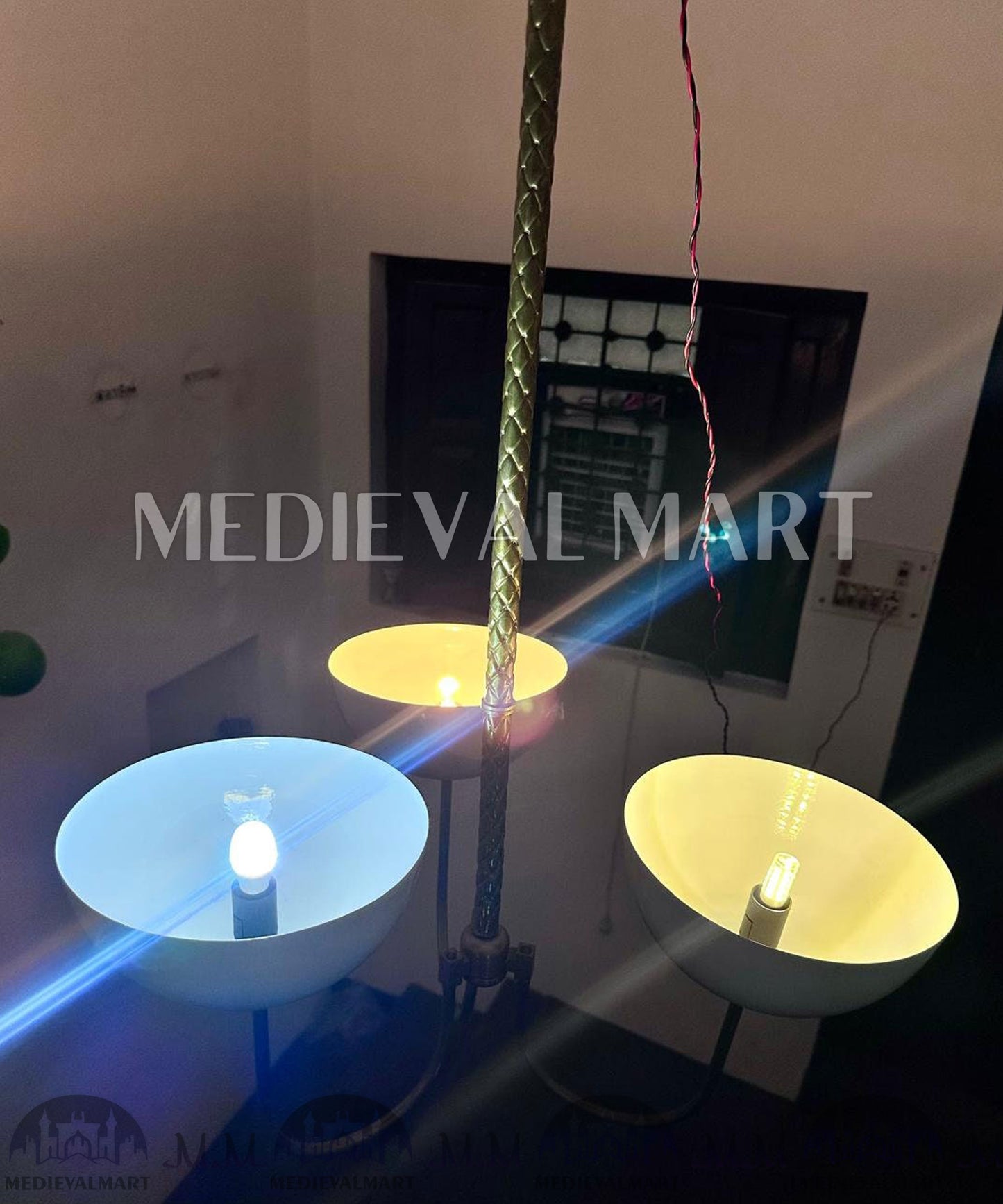 MEDIEVALMART Mid Century Modern Brass White Chandelier: 3-Light Dome Pendant