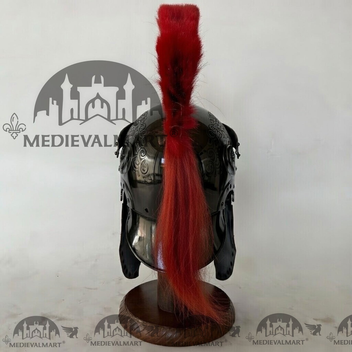 MEDIEVALMART Medieval Roman Centurion Black Finish Helmet with Red Plume or Free Wooden Stand
