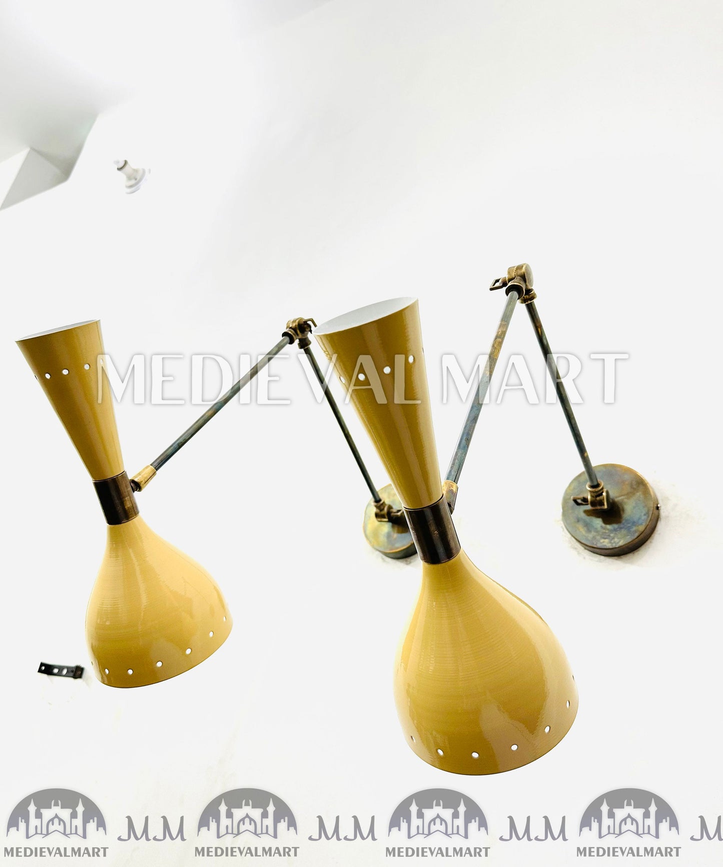 MEDIEVALMART Mid Century Brass Wall Sconce Lamp Italian Stilnovo Lighting Pair Fixtures