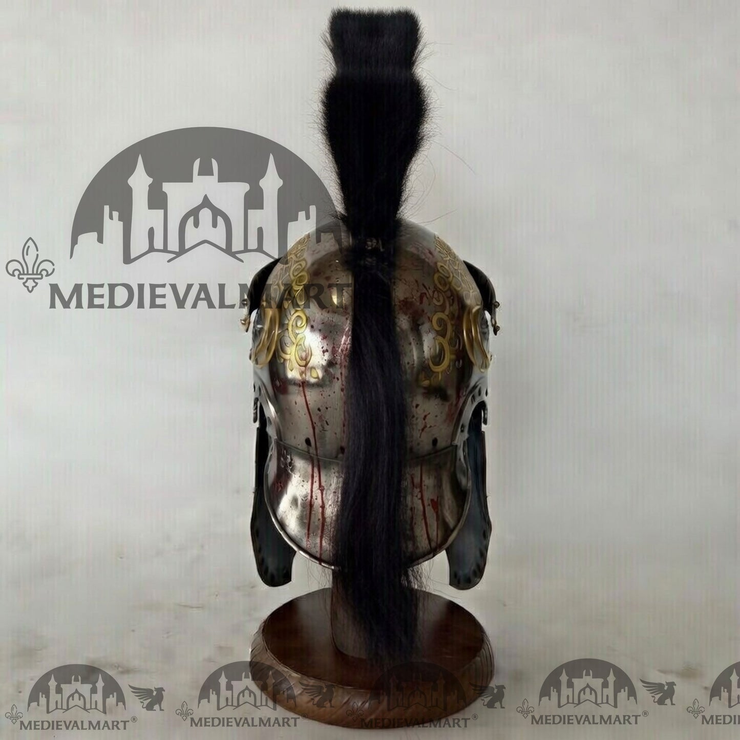 MEDIEVALMART Medieval Roman Centurion Silver Battle Damage W/H Blood Finish Helmet with Black Plume or Free Wooden Stand