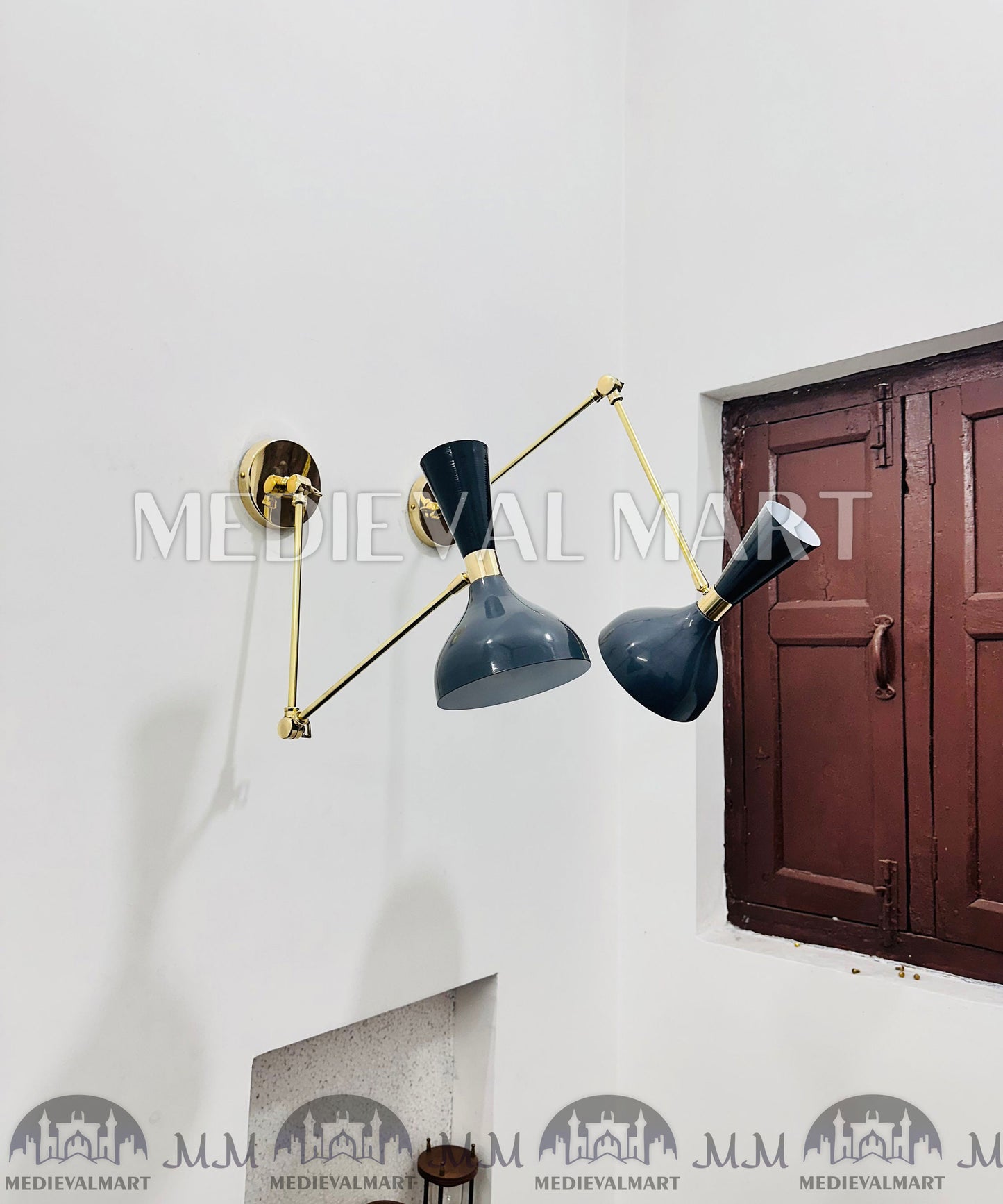 MEDIEVALMART Mid Century Brass Diabolo Wall Sconce Pair - Grey Italian Plug-in Lighting