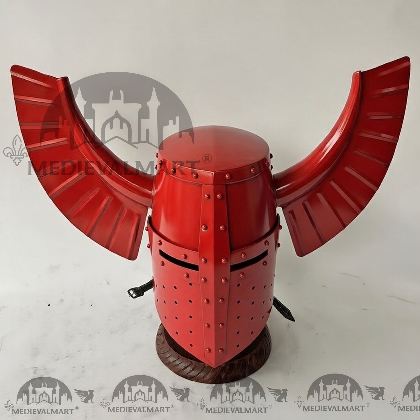 MEDIEVALMART Medieval Templar Warrior Teutonic Red Finish Wing Helmet with Free Stand