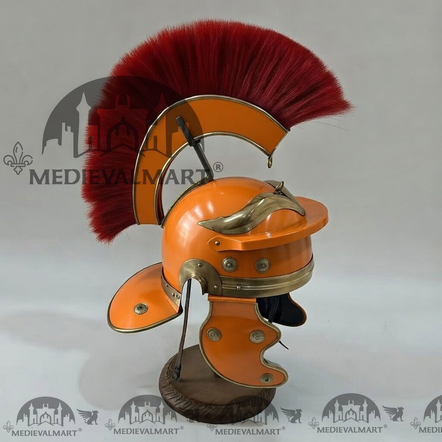 MEDIEVALMART Gallic Roman Centurion Orange Finish Helmet Replica Red Plume with Free Stand