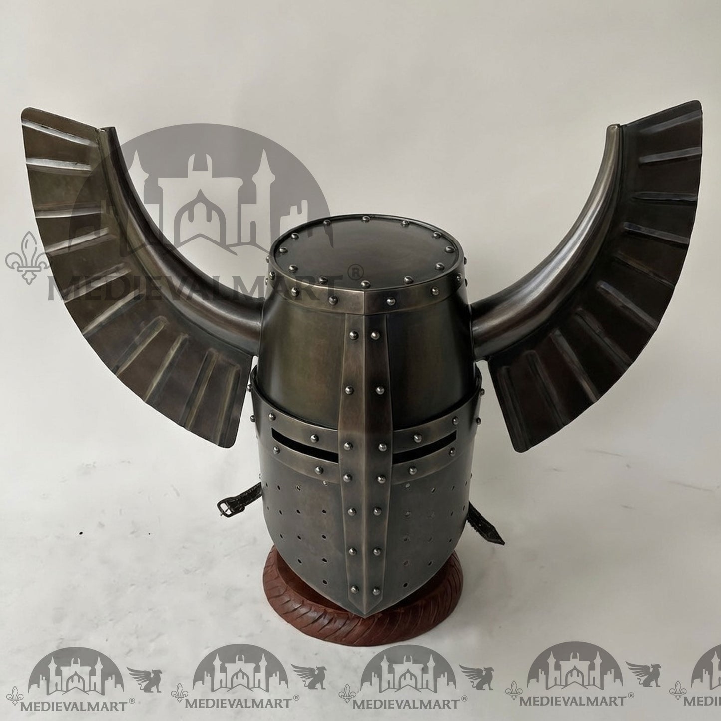 MEDIEVALMART Medieval Templar Warrior Teutonic Antique Black Finish Wing Helmet with Free Stand