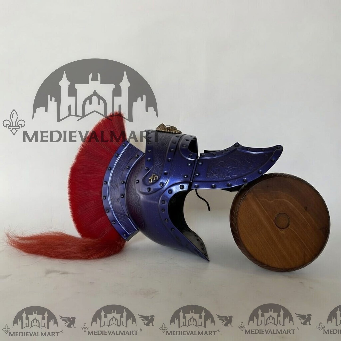 MEDIEVALMART Medieval Roman Centurion Blue Finish Helmet with Red Plume or Free Wooden Stand