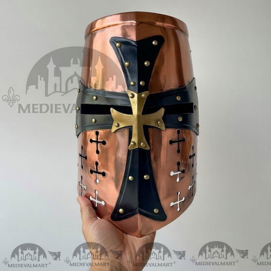 MEDIEVALMART Casque de chevalier templier croisé finition cuivre avec support gratuit