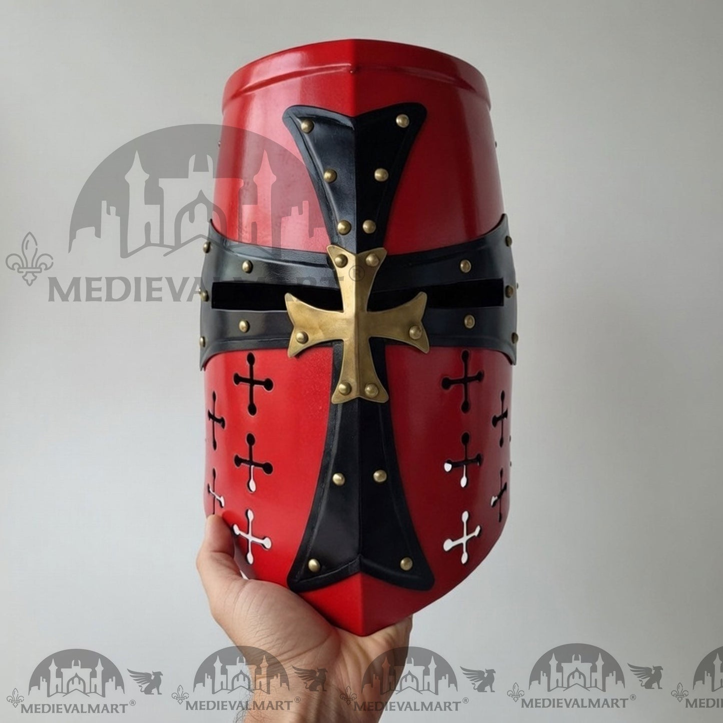 MEDIEVALMART Special Templar Crusader Knight Red Finish Helmet W/H Free Stand