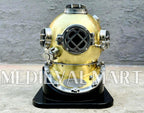 MEDIEVALMART Golden Green Diving Helmet With Wooden Base