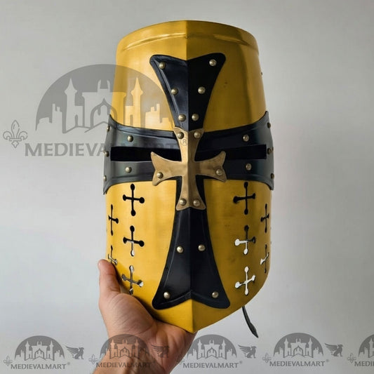 MEDIEVALMART Casque de chevalier templier croisé finition jaune avec support offert
