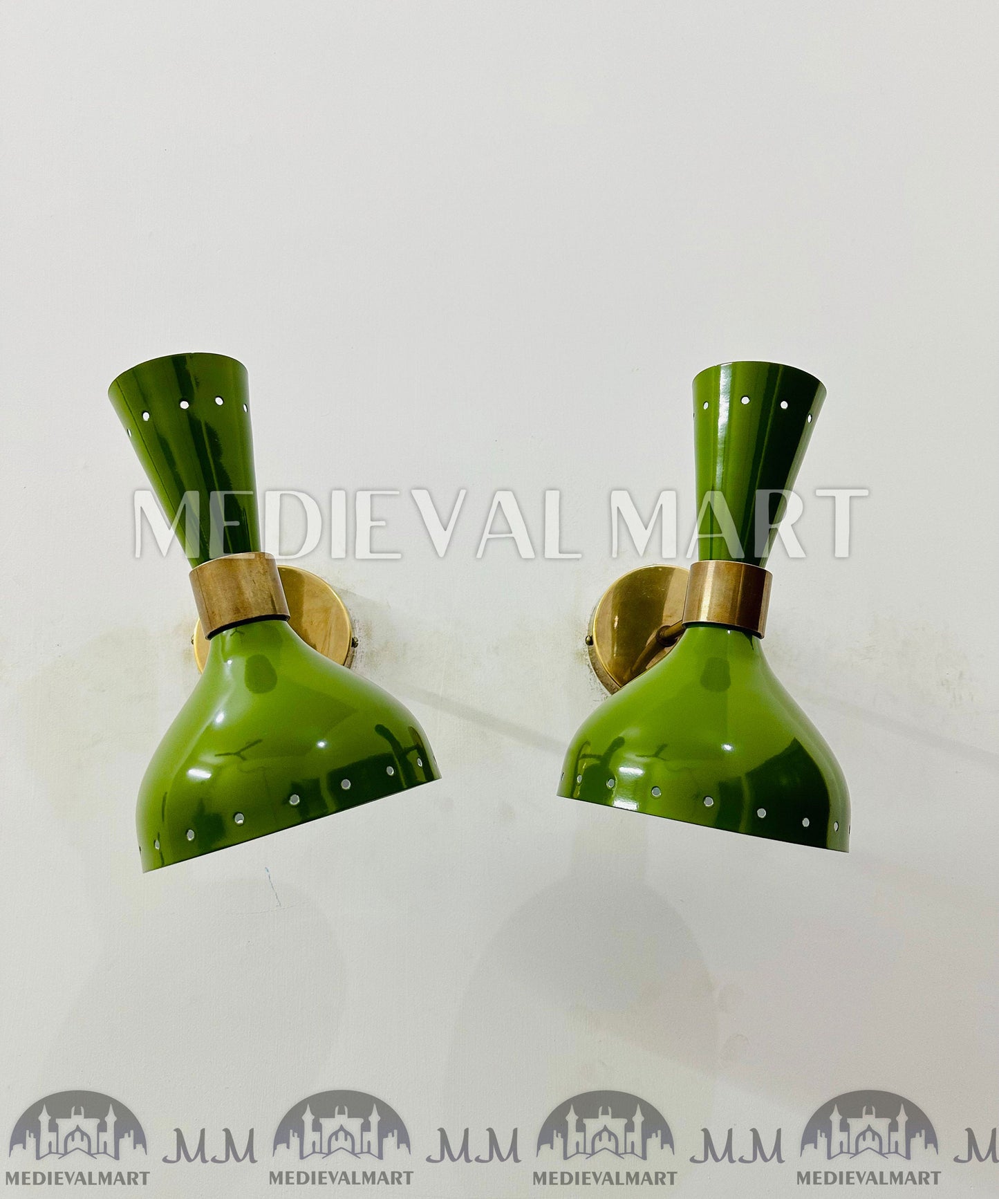 MEDIEVALMART 1950s Brass Mid Century Italian Diabolo Green Wall Scones Light