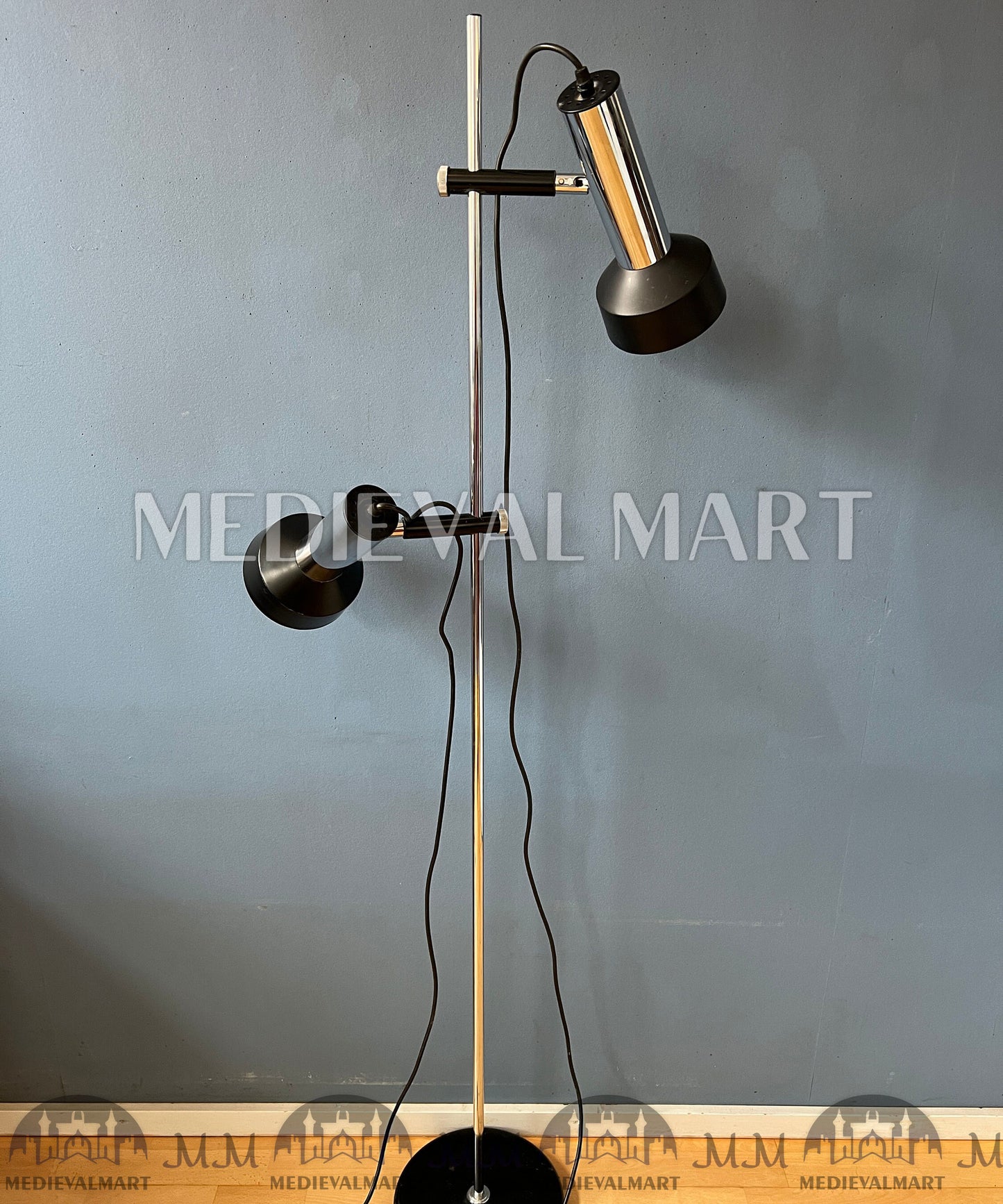 MEDIEVALMART Mid Century Italian Floor Lamp with Two Black/Chrome Spots