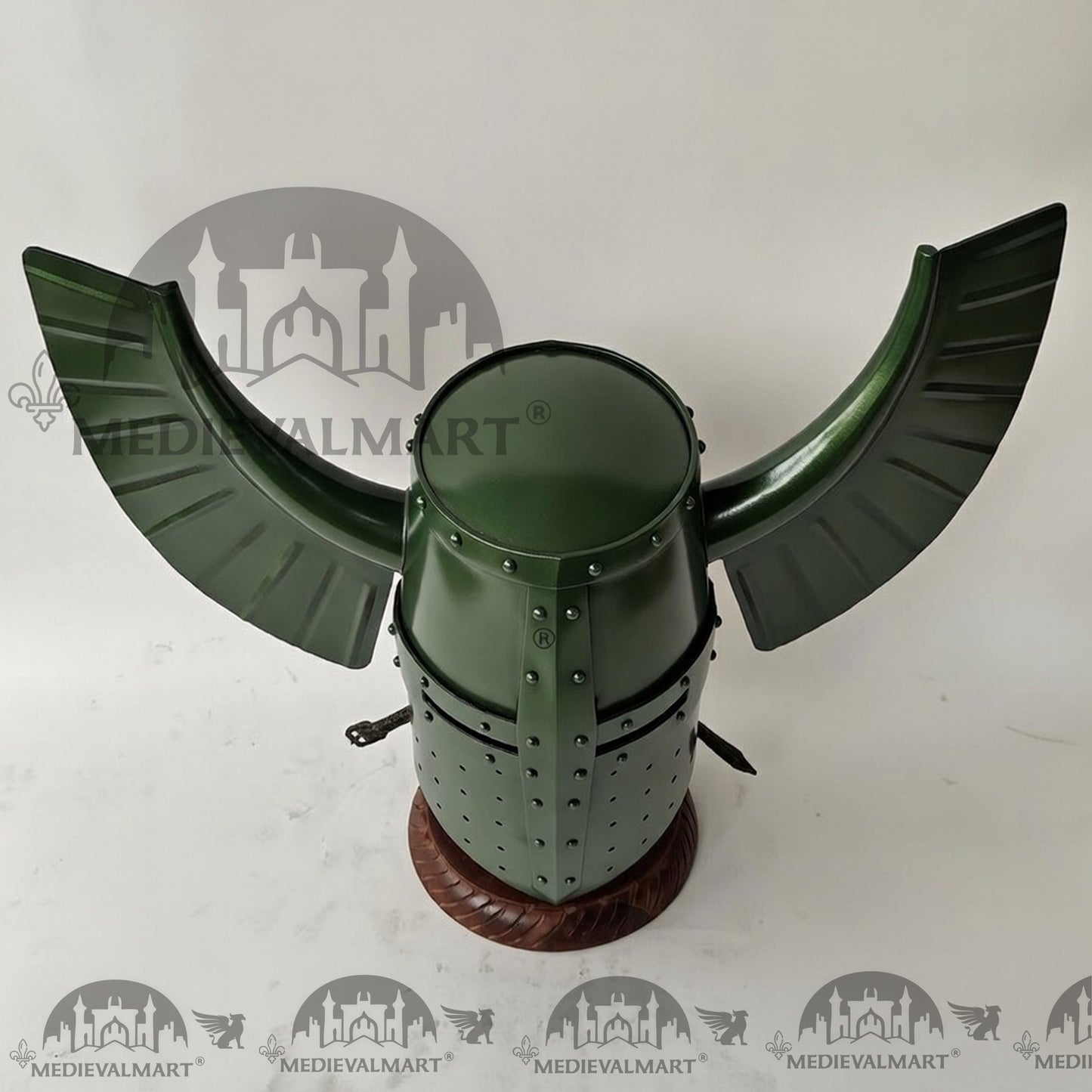 MEDIEVALMART Medieval Templar Warrior Teutonic Jade Green Finish Wing Helmet with Free Stand