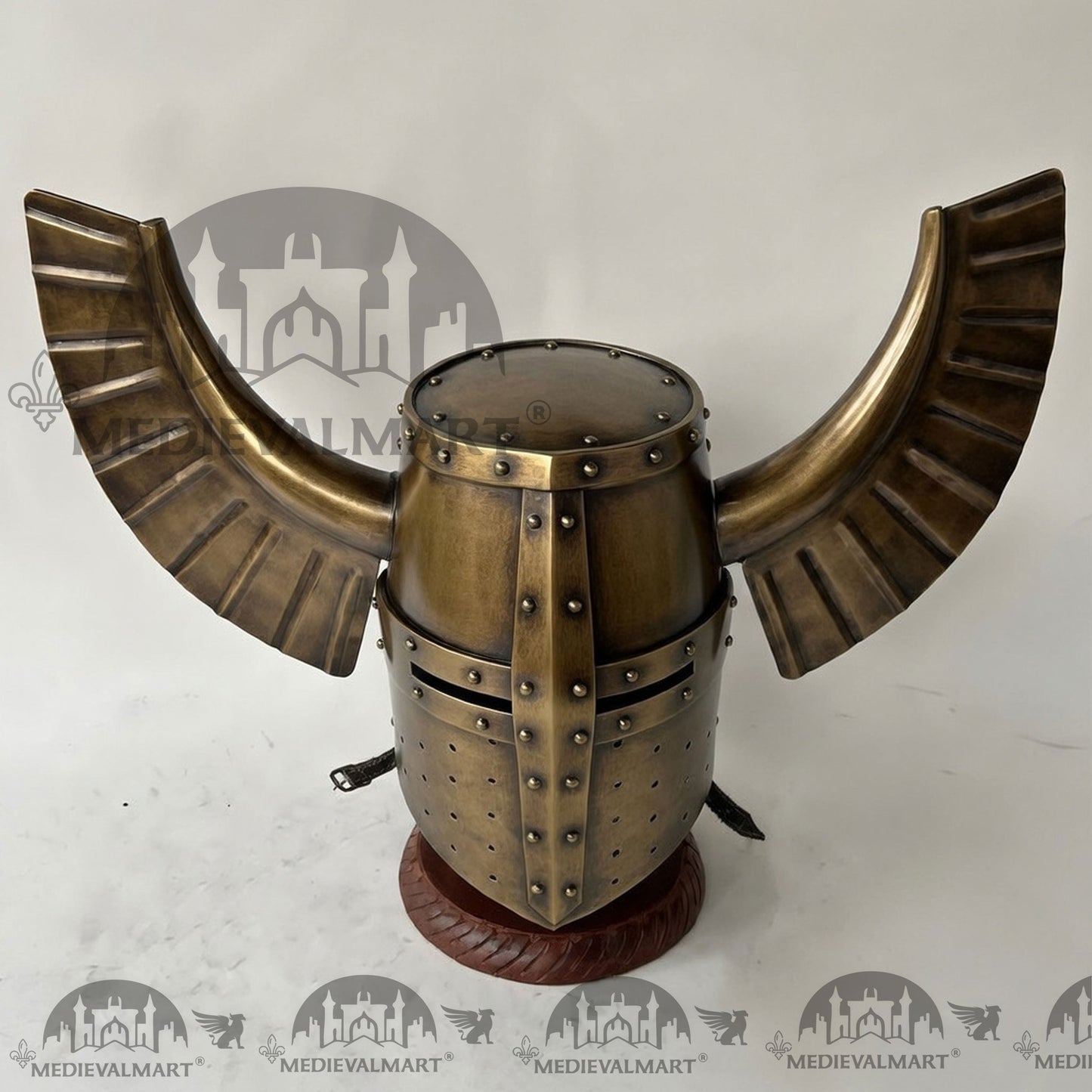 MEDIEVALMART Medieval Templar Warrior Teutonic Antique Gold Finish Wing Helmet with Free Stand