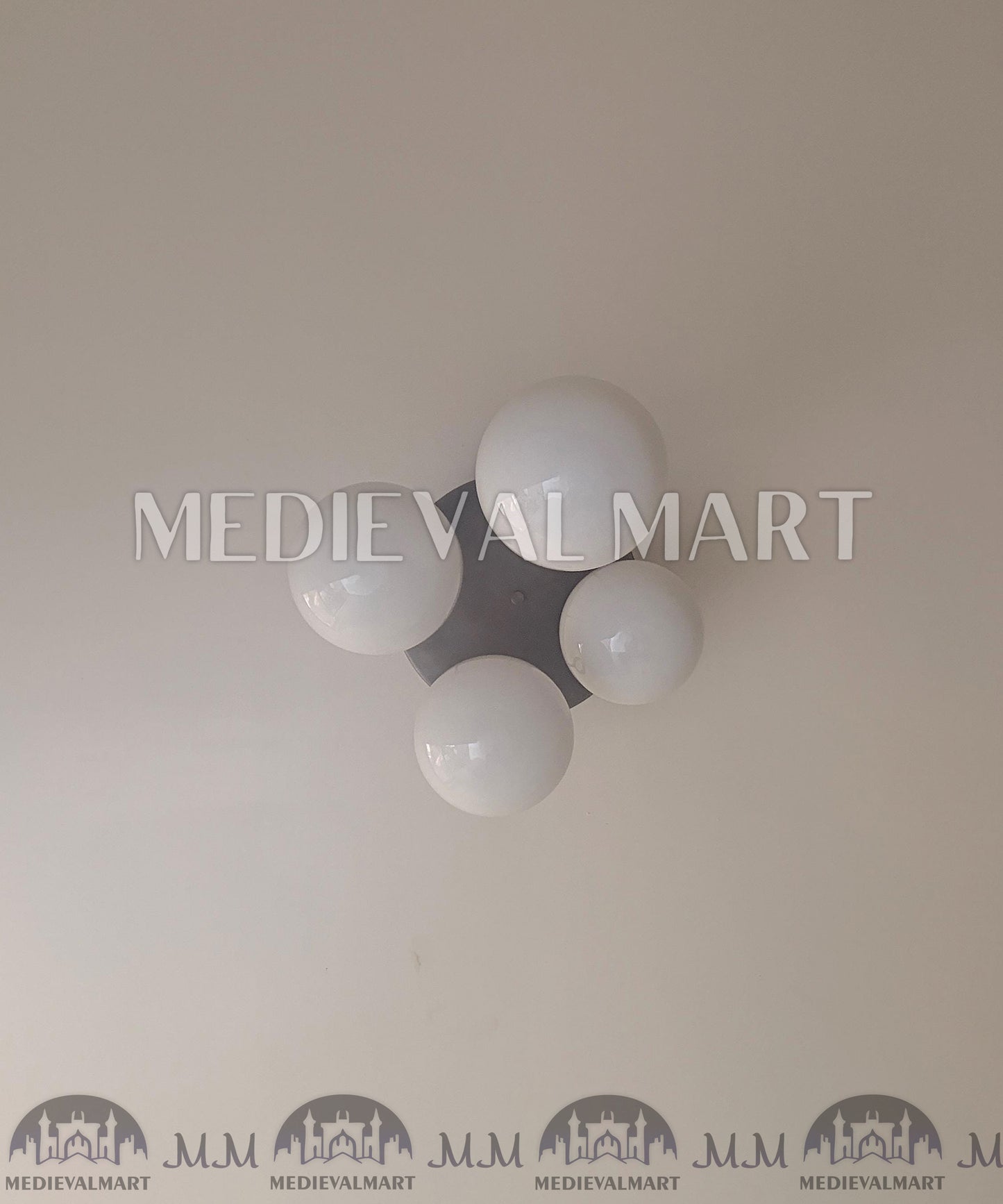 MEDIEVALMART Modern Handcrafted Raw Brass Chandelier | 4 Light Pendant | White Glass Globe Ceiling Light Fixture