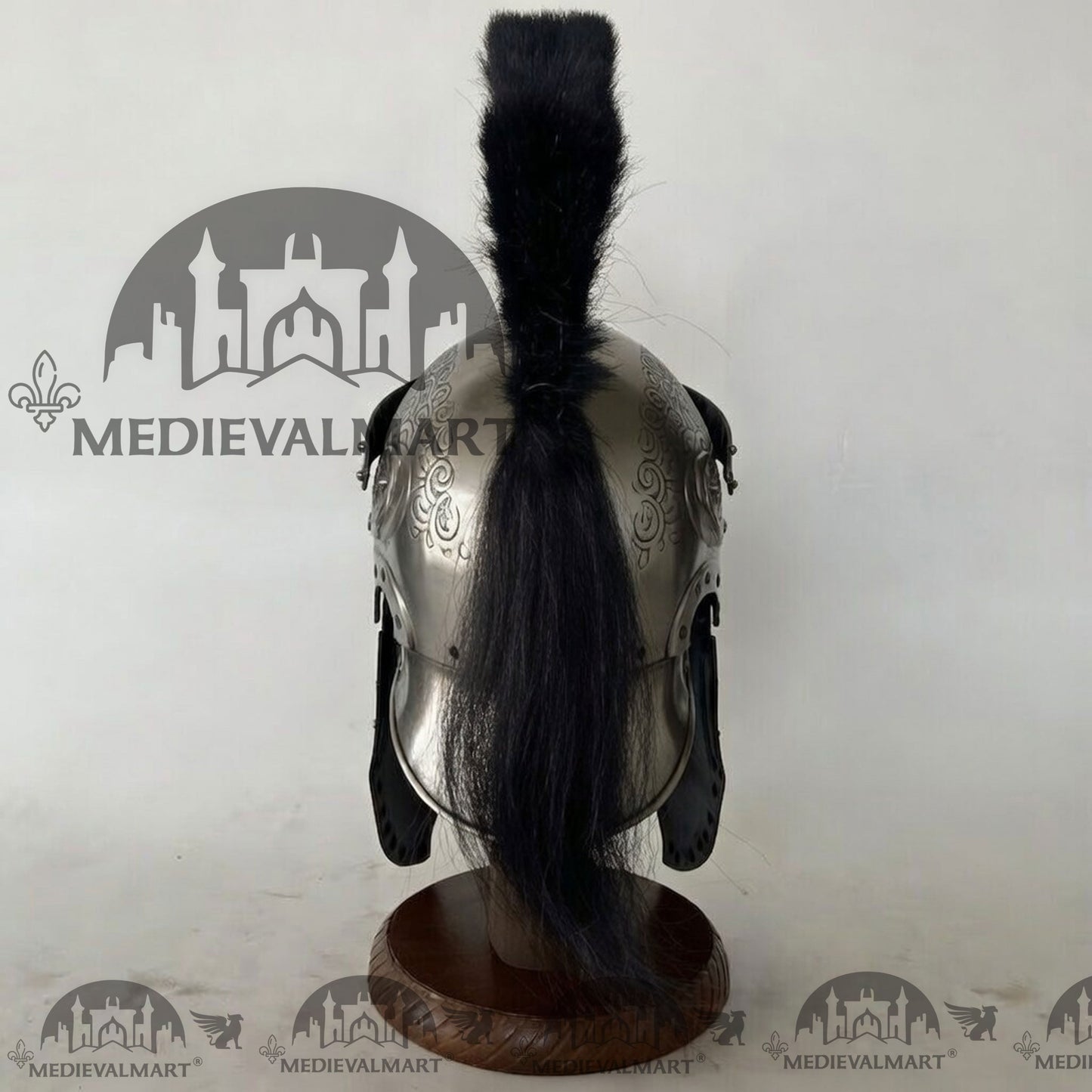 MEDIEVALMART Medieval Roman Centurion Silver Finish Helmet with Black Plume or Free Wooden Stand