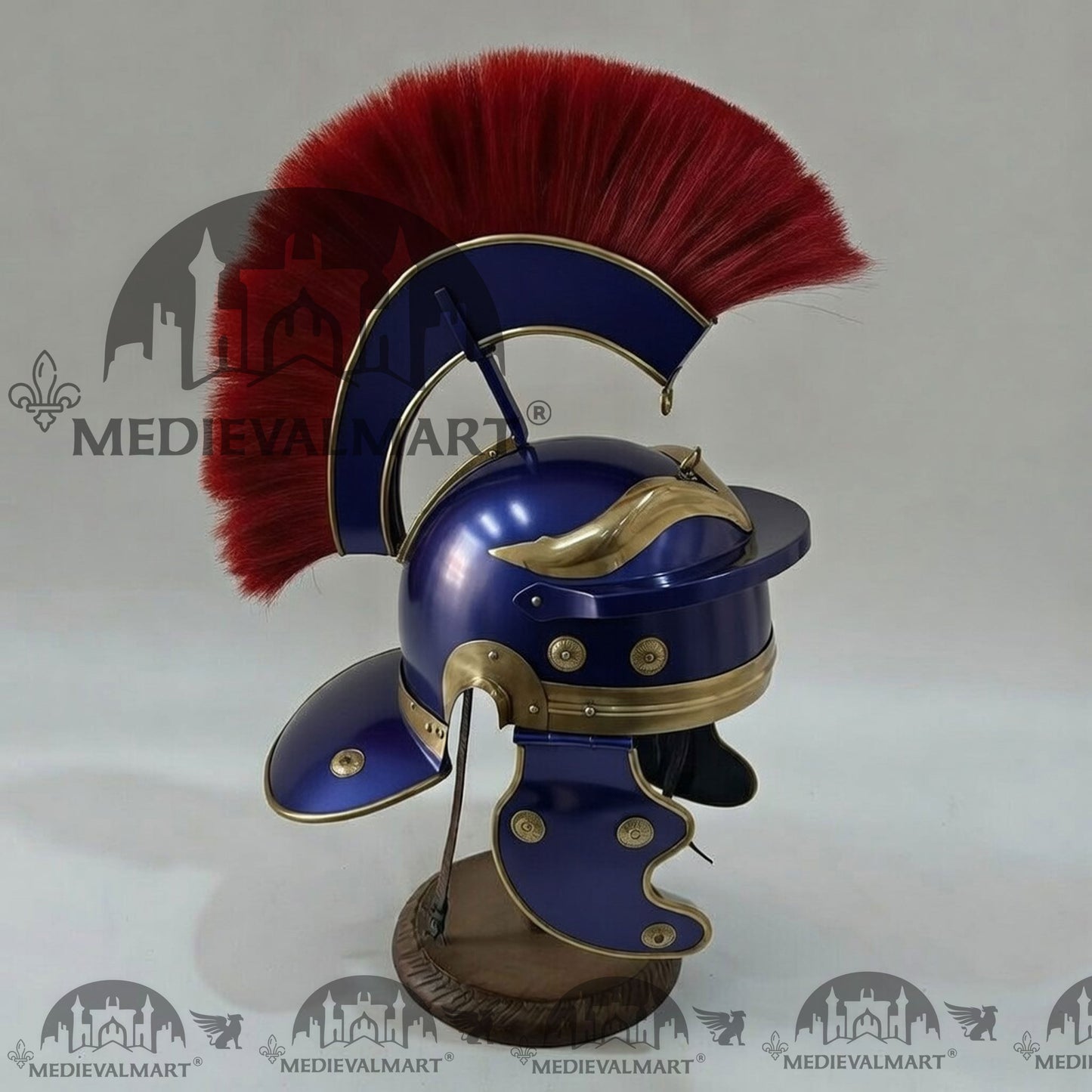 MEDIEVALMART Gallic Roman Centurion Blue Finish Helmet Replica Red Plume with Free Stand