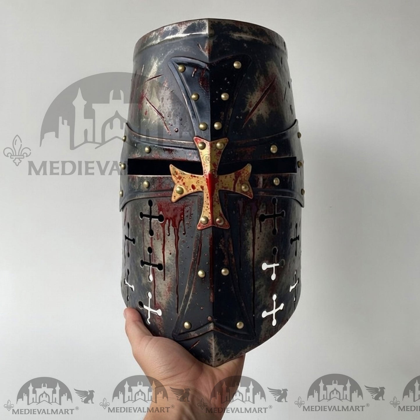 MEDIEVALMART Special Templar Crusader Knight Damage Black W/H Blood Finish Helmet W/H Free Stand