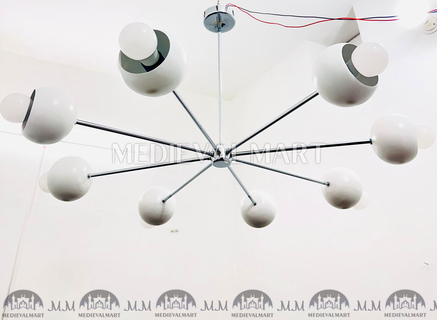 MEDIEVALMART Modern Brass Chandelier 8 White Round Shades Chrome Finish
