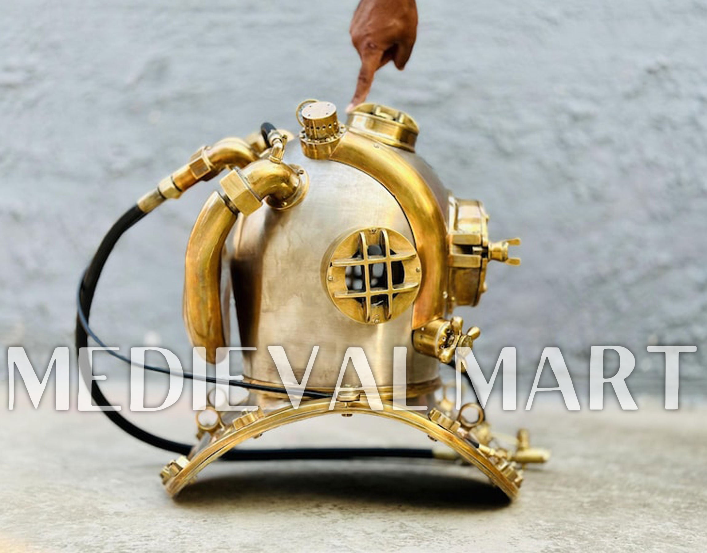 MEDIEVALMART  1945 US Navy Helium Copper brass Diving Helmet With Wooden Base