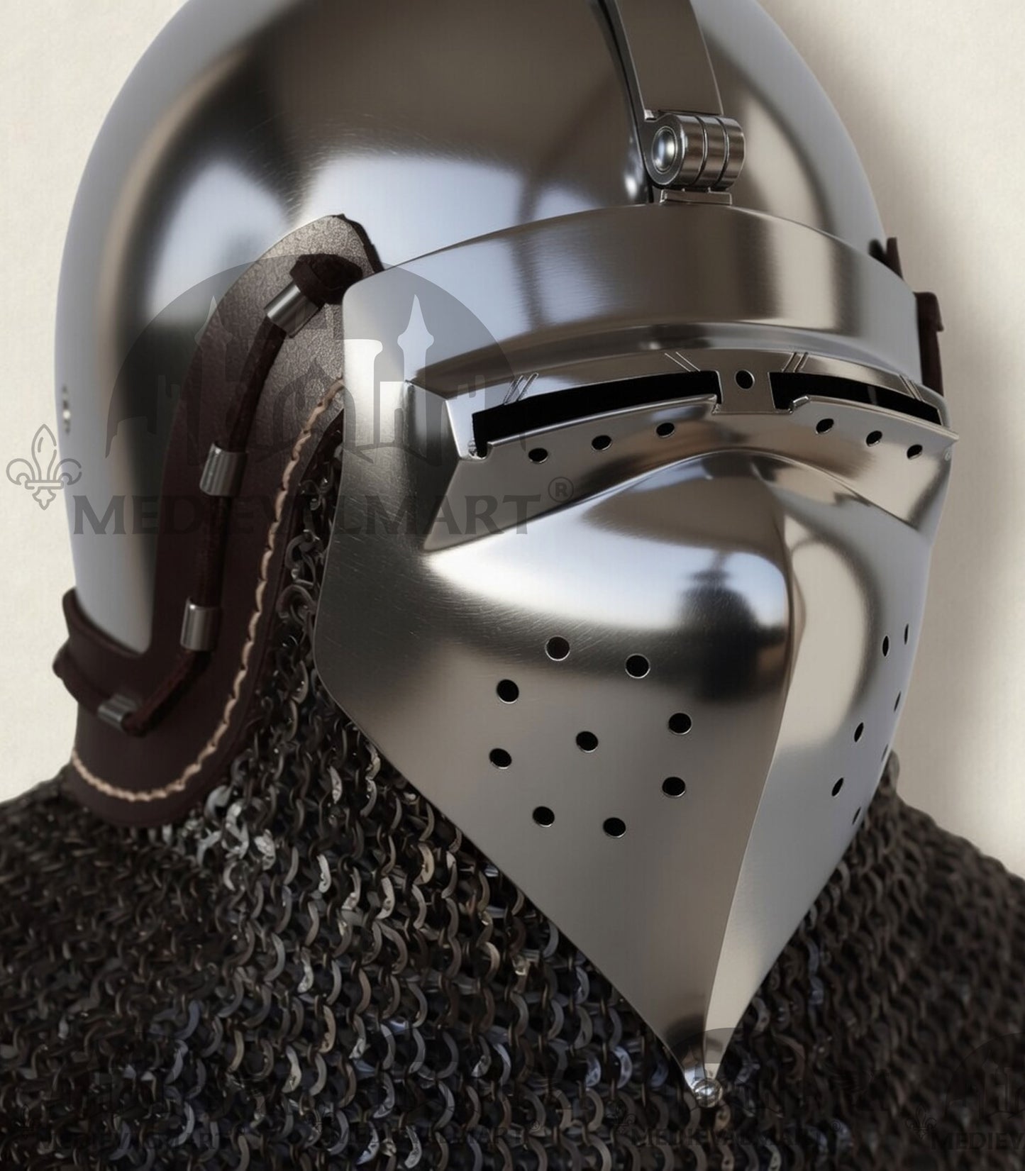 MEDIEVALMART XIV Century Medieval "The Wayward Knight" klappvisor Bascinet Helmet with Chainmail