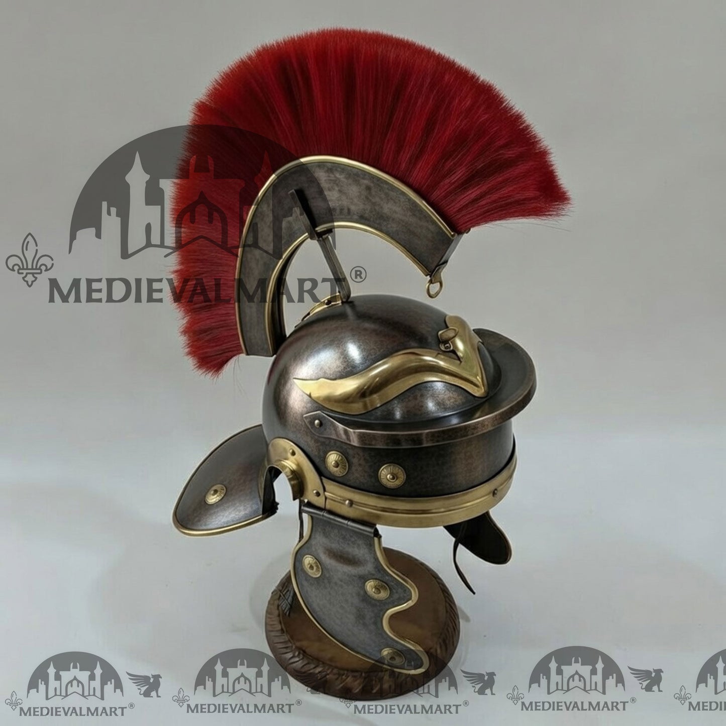 MEDIEVALMART Gallic Roman Centurion Antique Black Finish Helmet Replica Red Plume with Free Stand