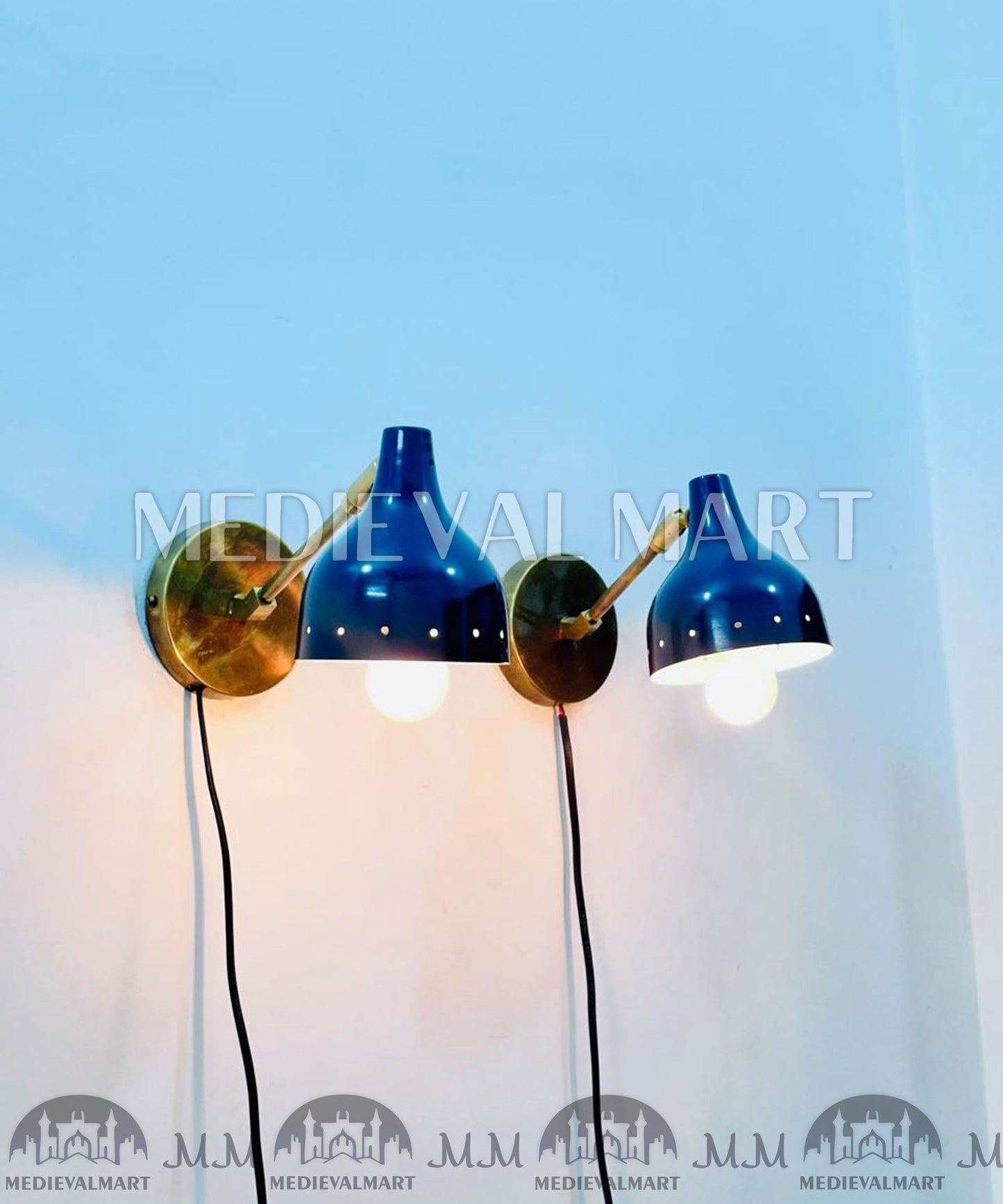 MEDIEVALMART Mid Century Brass Diabolo Wall Sconce: Navy Blue Adjustable Light (Set of Two)