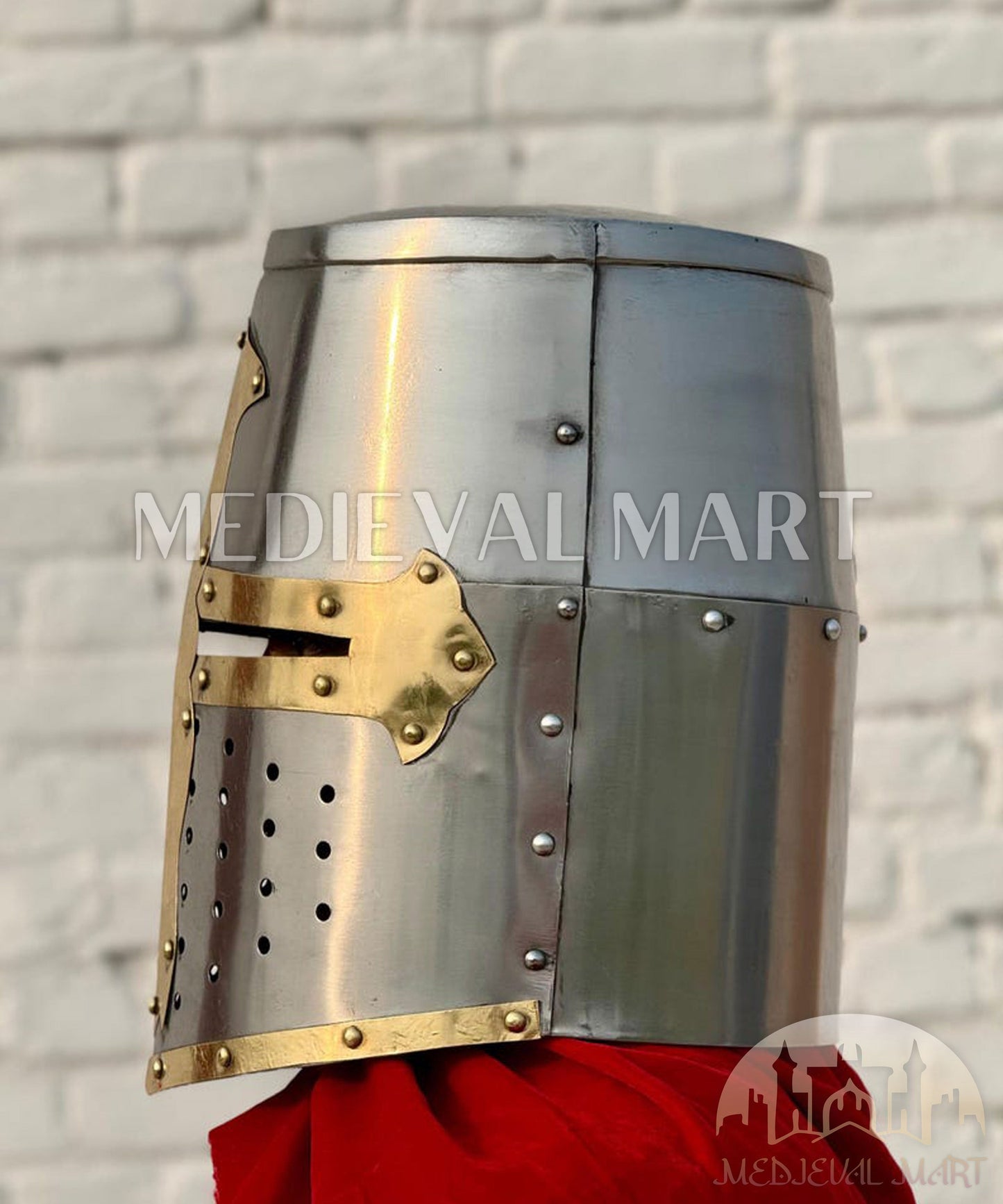 MEDIEVALMART Medieval Sivler Knight Templar Crusader Helmet W/H Brass Deco for LARP or Cosplay - Gift For Dad