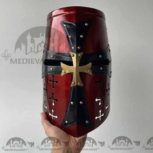 MEDIEVALMART Casque de chevalier templier croisé finition rouge marron avec support gratuit