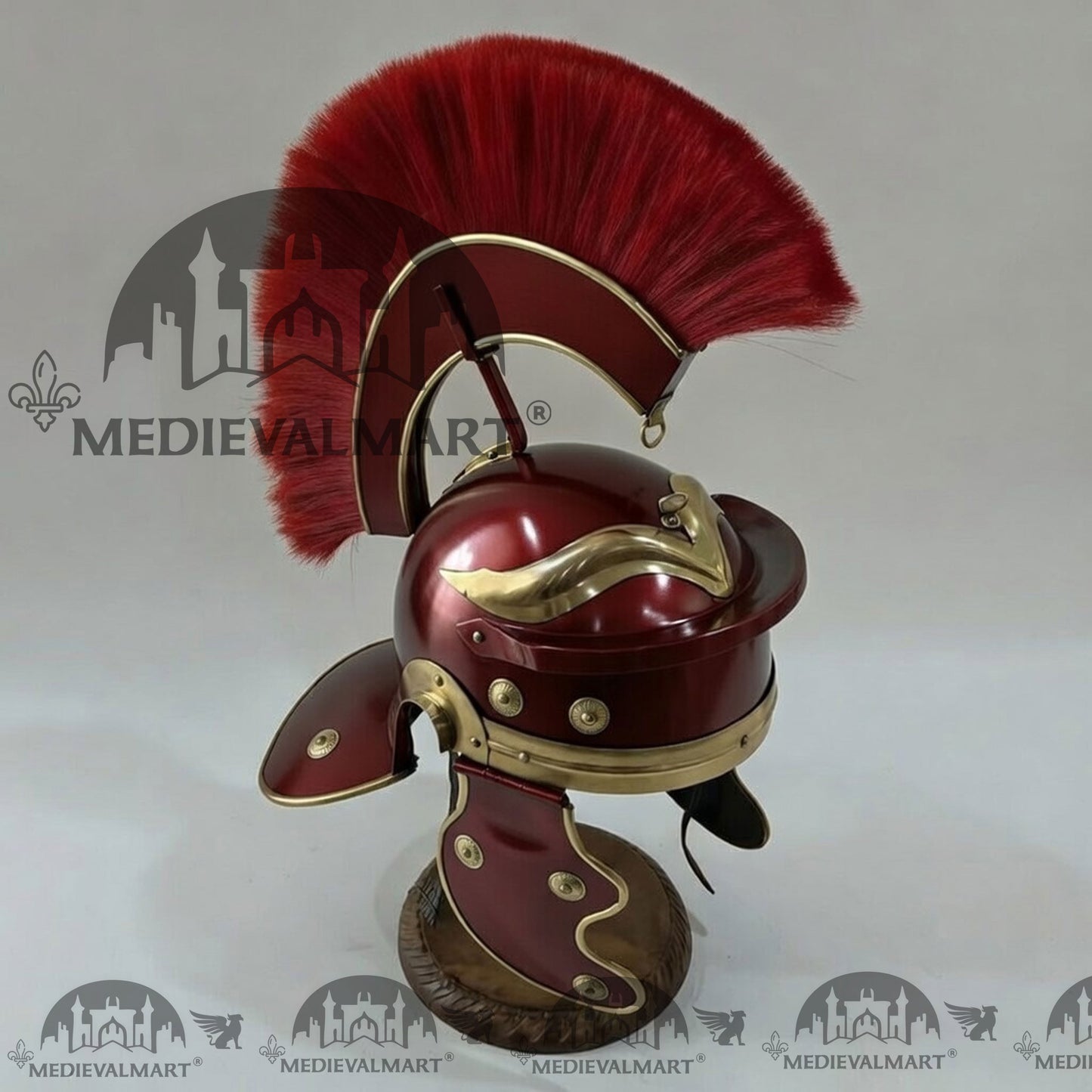 MEDIEVALMART Gallic Roman Centurion Maroon Red Finish Helmet Replica Red Plume with Free Stand