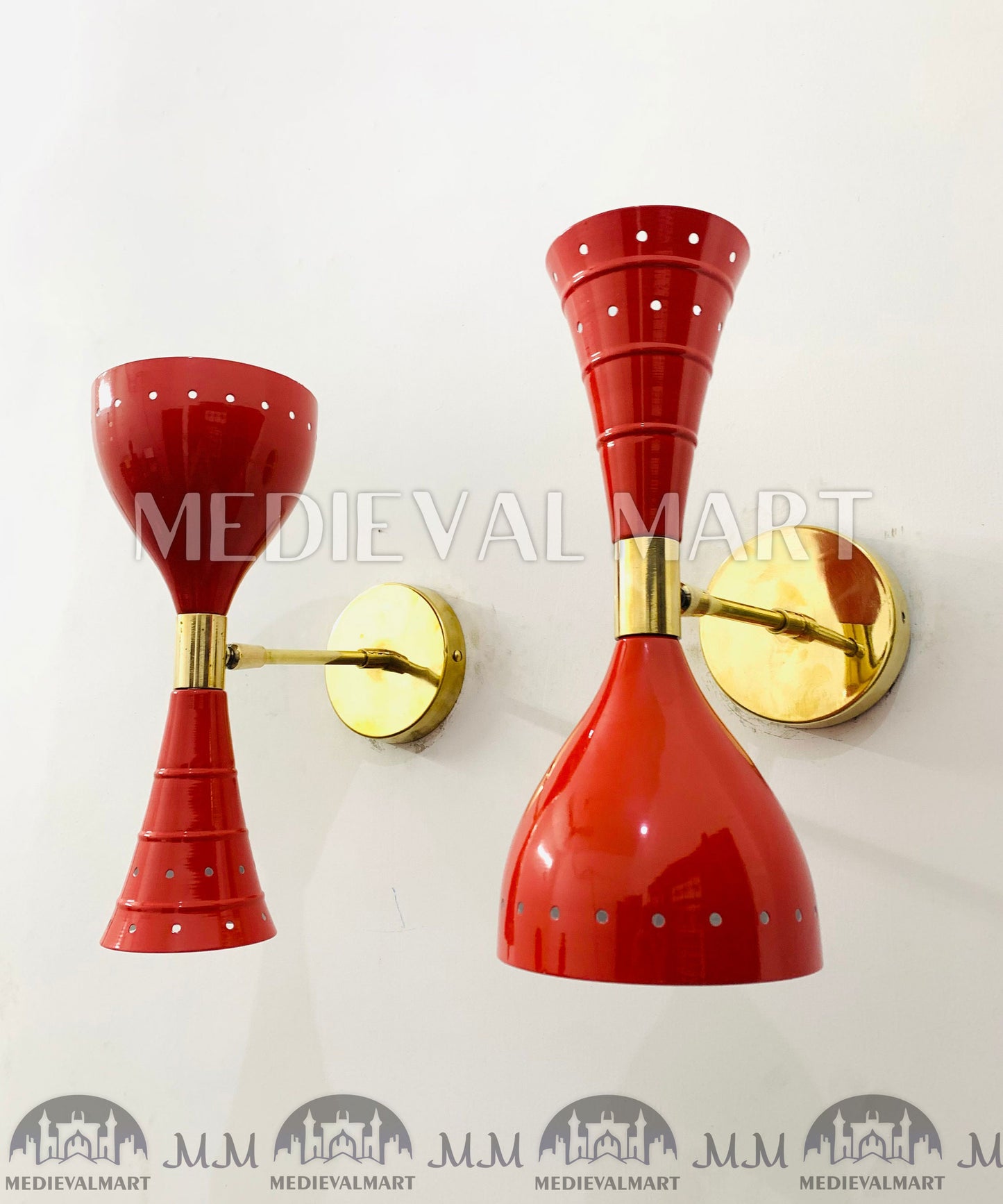 MEDIEVALMART Mid Century Brass Diabolo Wall Sconce Pair: Italian Stilnovo Style