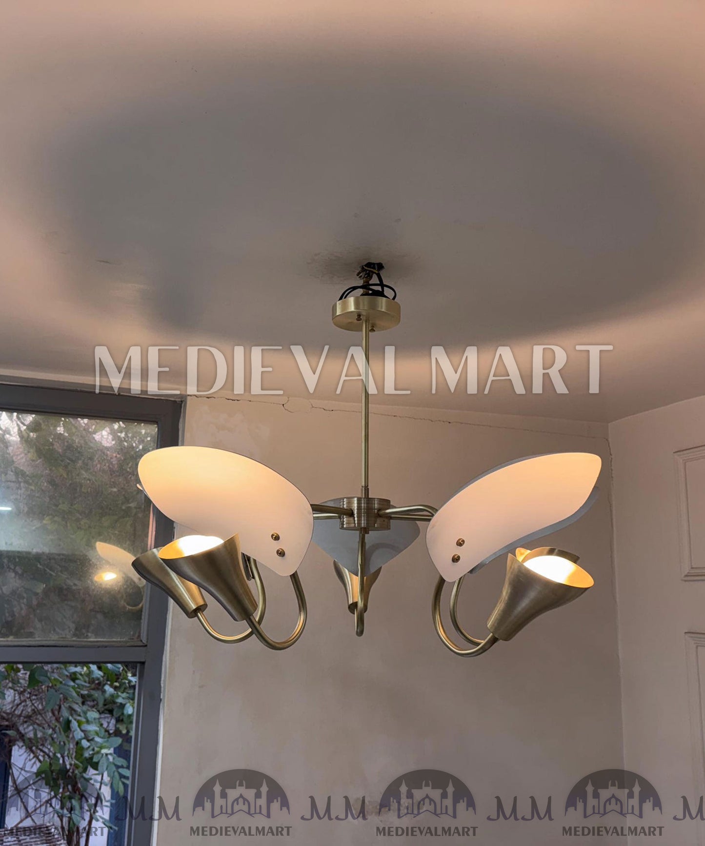 MEDIEVALMART Handmade Brass 5-Arm Chandelier | Mid-Century Modern Light Fixture