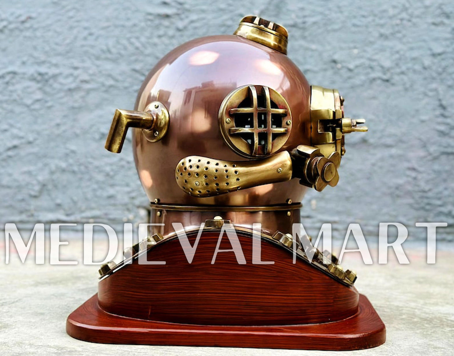 MEDIEVALMART Nautical Brown Finish Diving Helmet With Wooden Base