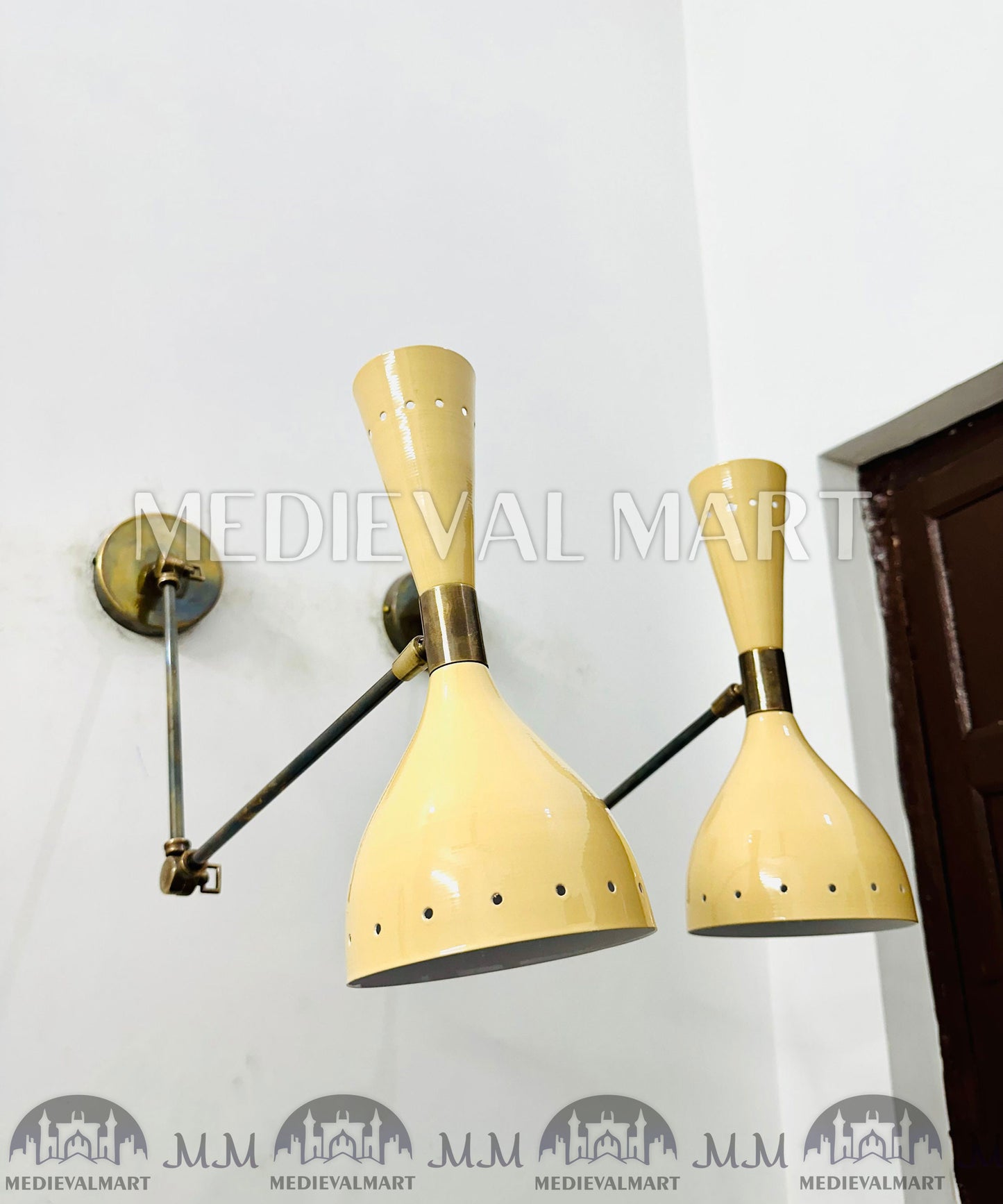 MEDIEVALMART Mid Century Brass Wall Sconce Lamp Italian Stilnovo Lighting Pair Fixtures