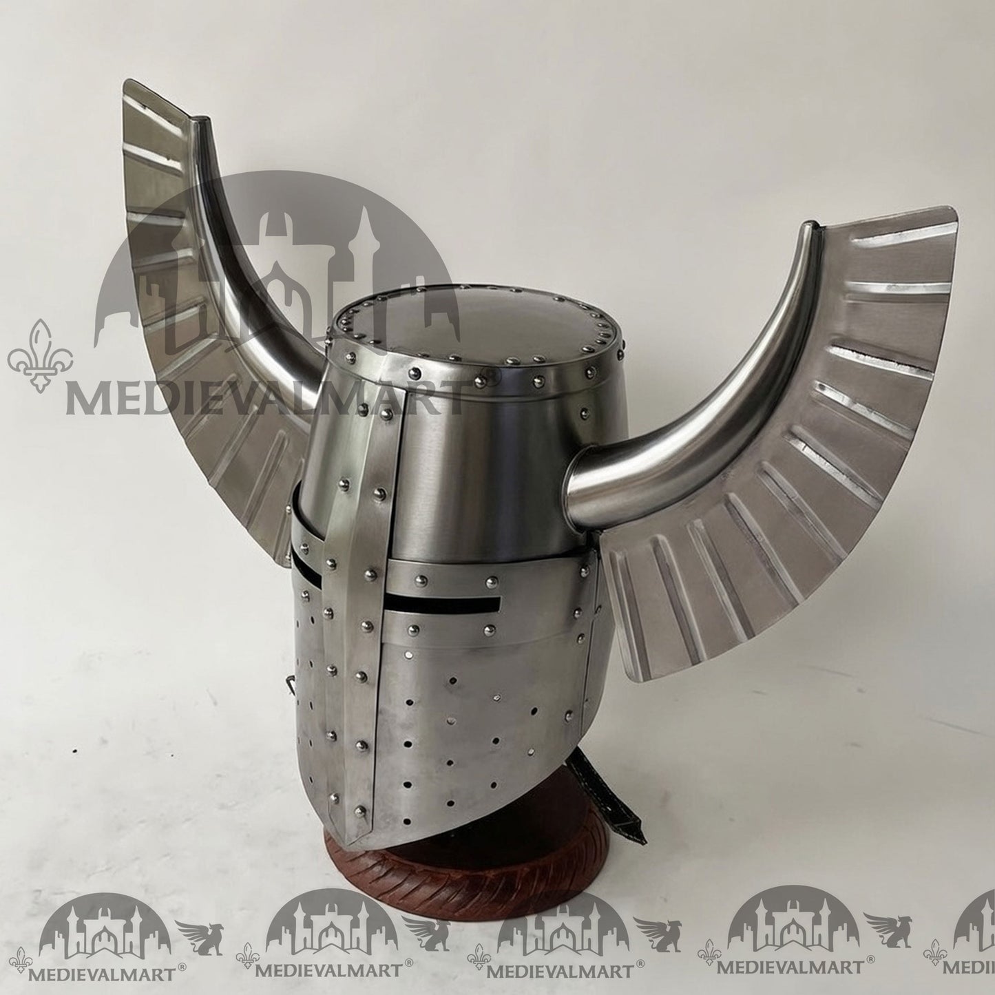 MEDIEVALMART Medieval Templar Warrior Teutonic Wing Helmet Silver Finish with Free Stand
