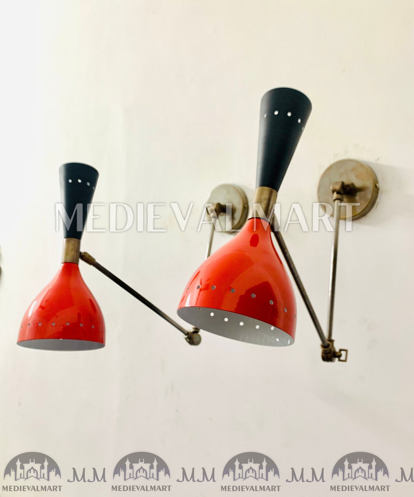 MEDIEVALMART Mid Century Italian Brass Wall Sconce Pair: Red & Black Stilnovo Light