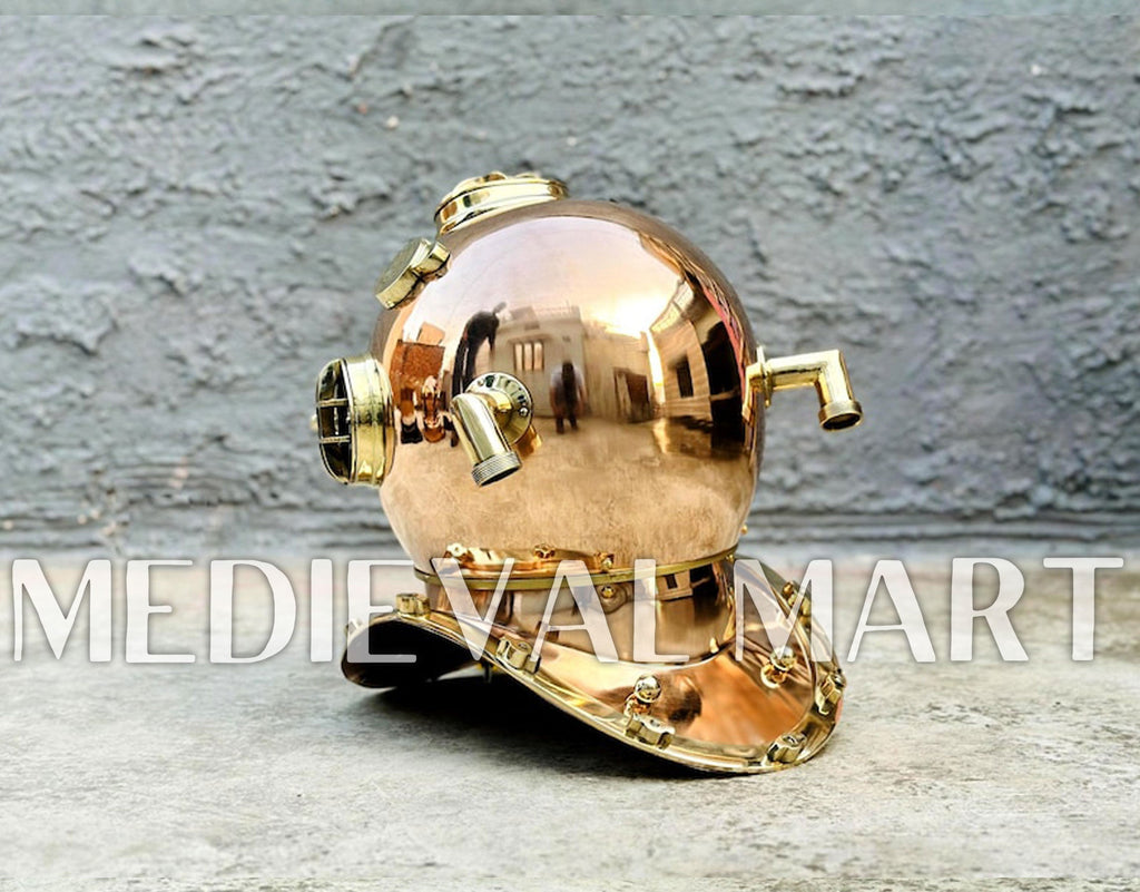 MEDIEVALMART Pure Copper Brass Diving Helmet With Wooden Base