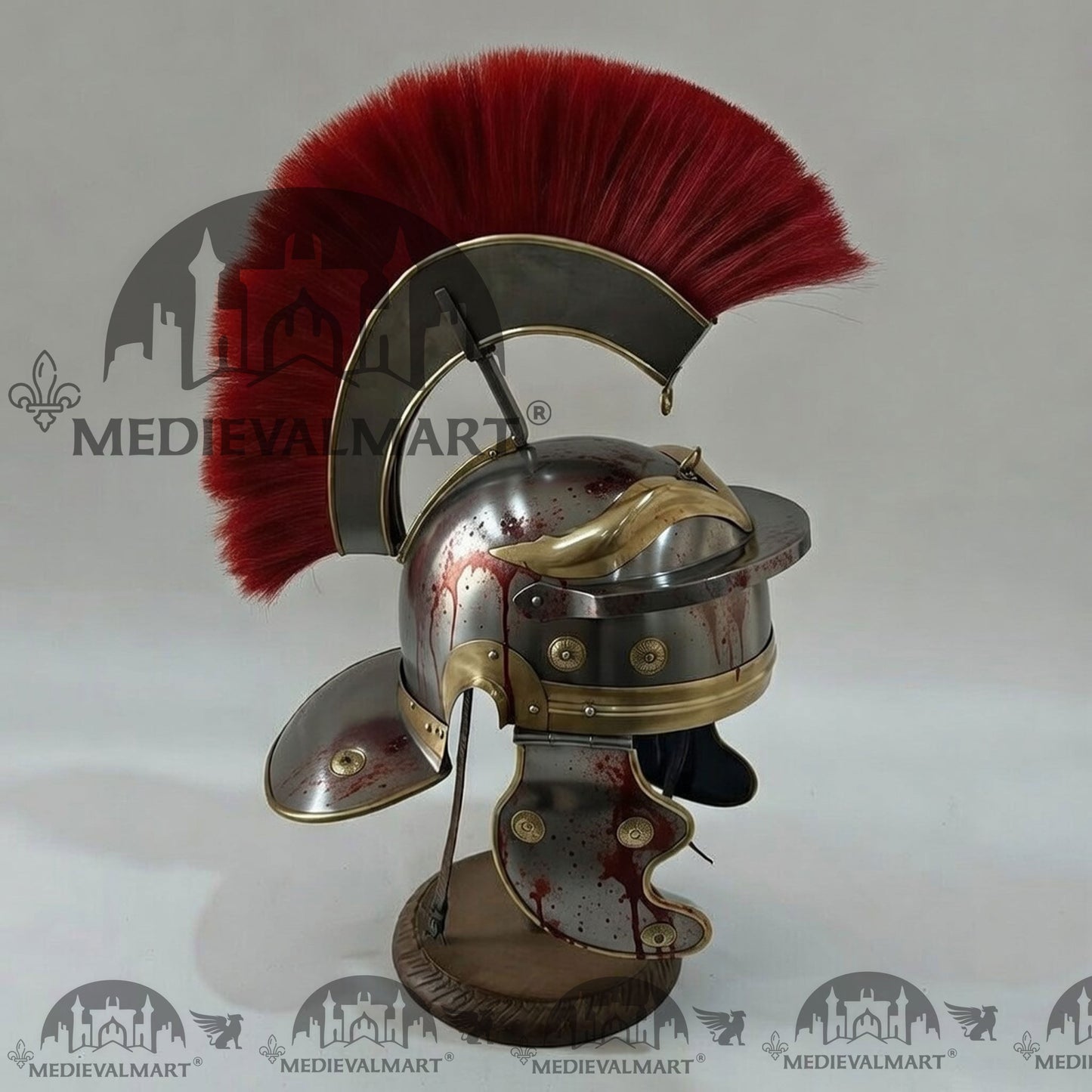 MEDIEVALMART Gallic Roman Centurion Silver Damage W/H Blood Finish Helmet Replica Red Plume with Free Stand