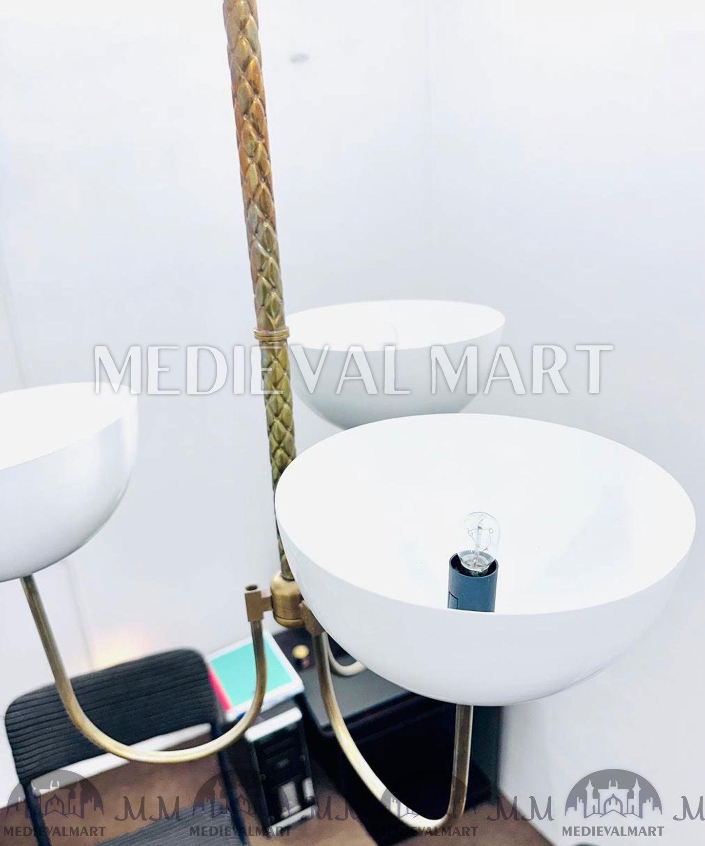 MEDIEVALMART Mid Century Modern Brass White Chandelier: 3-Light Dome Pendant