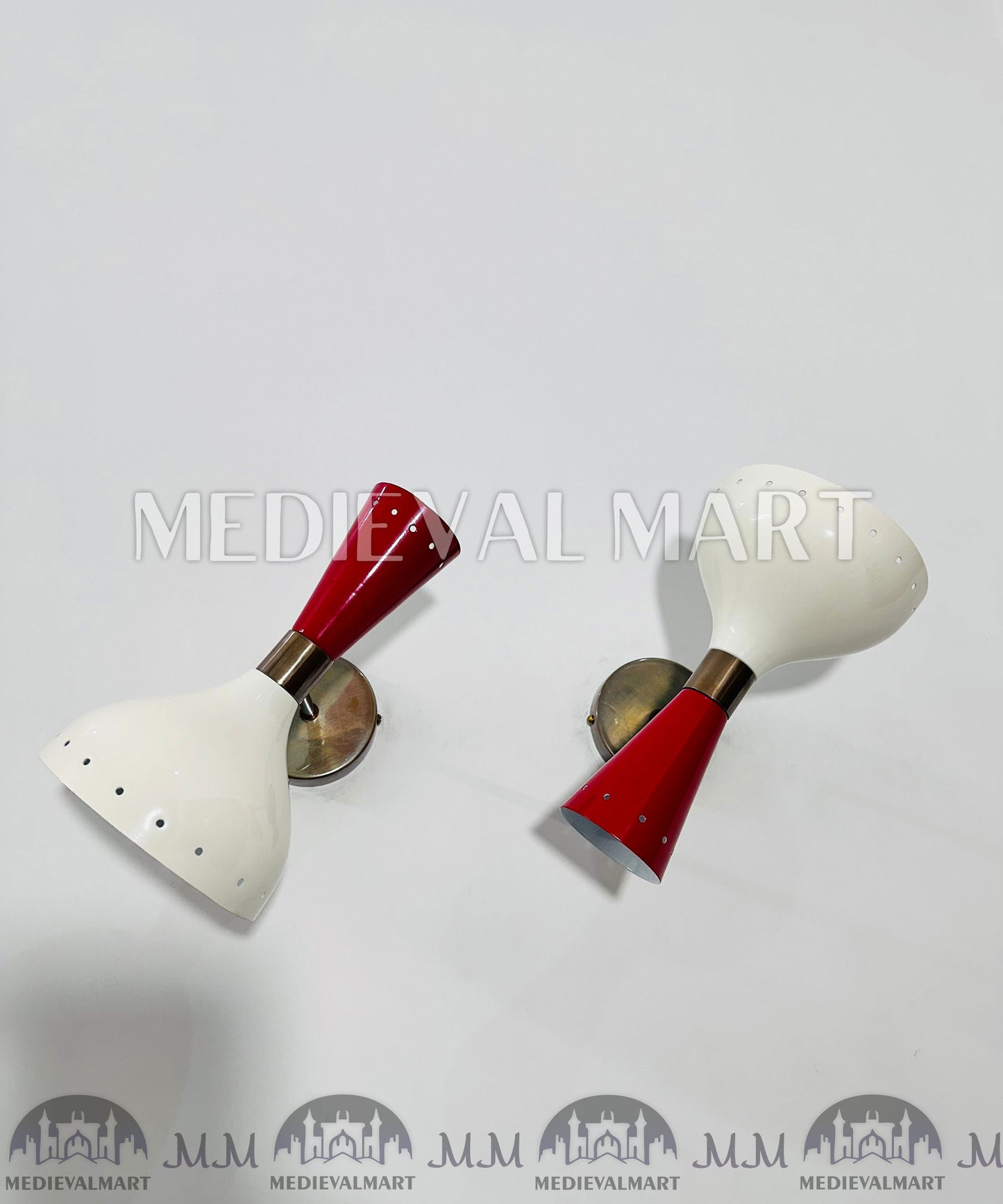 MEDIEVALMART Mid Century Brass Wall Sconce Pair: Italian Stilnovo Red & White Lamp