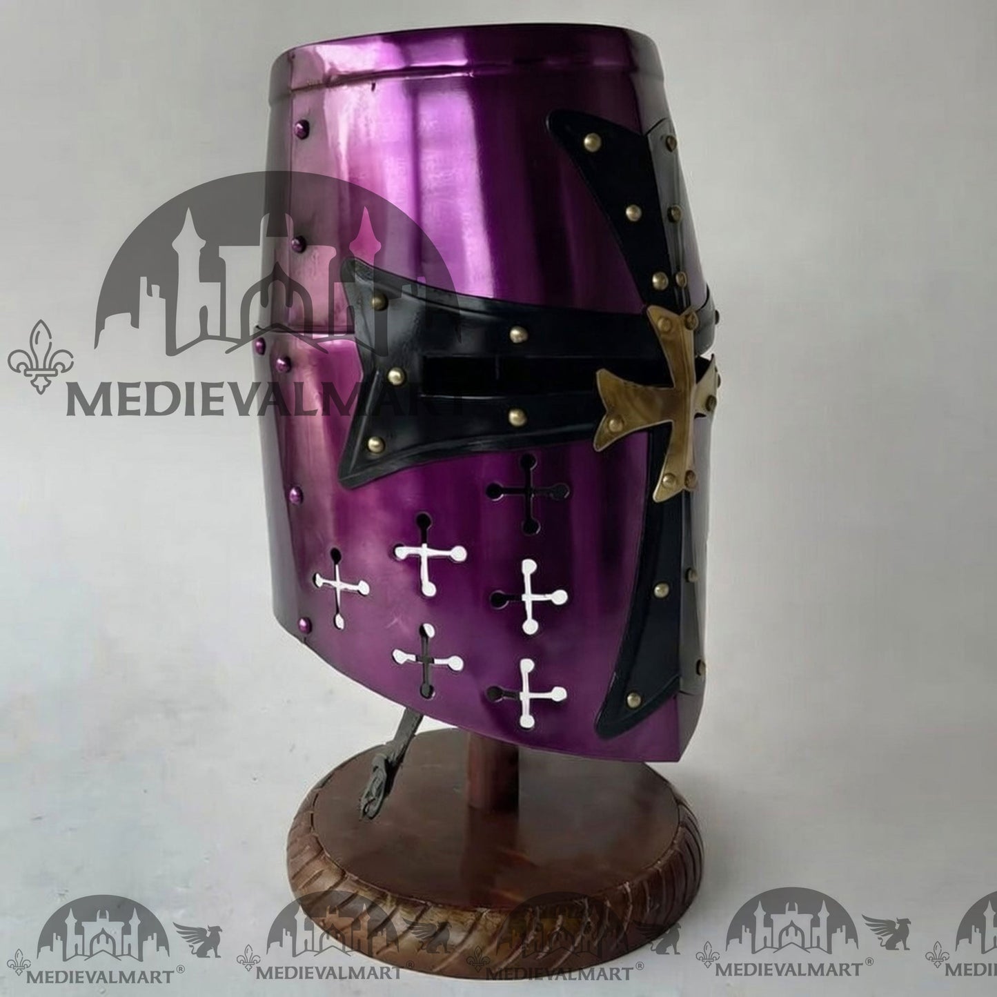MEDIEVALMART Special Templar Crusader Knight Purple Finish Helmet W/H Free Stand