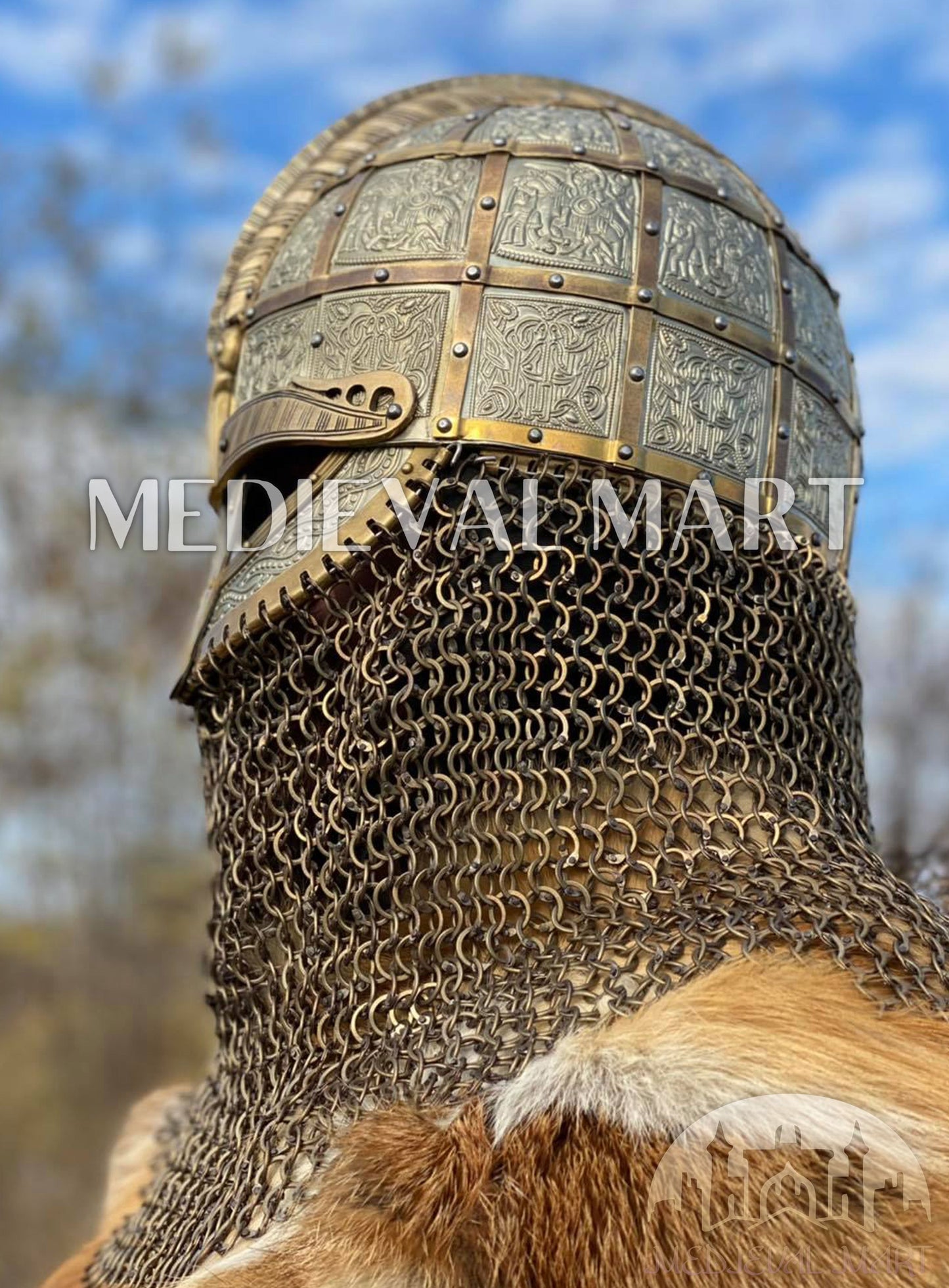 MEDIEVALMART Medieval Viking Vendel Period Broa Helmet with Brass Decoration & Titanium Chainmail