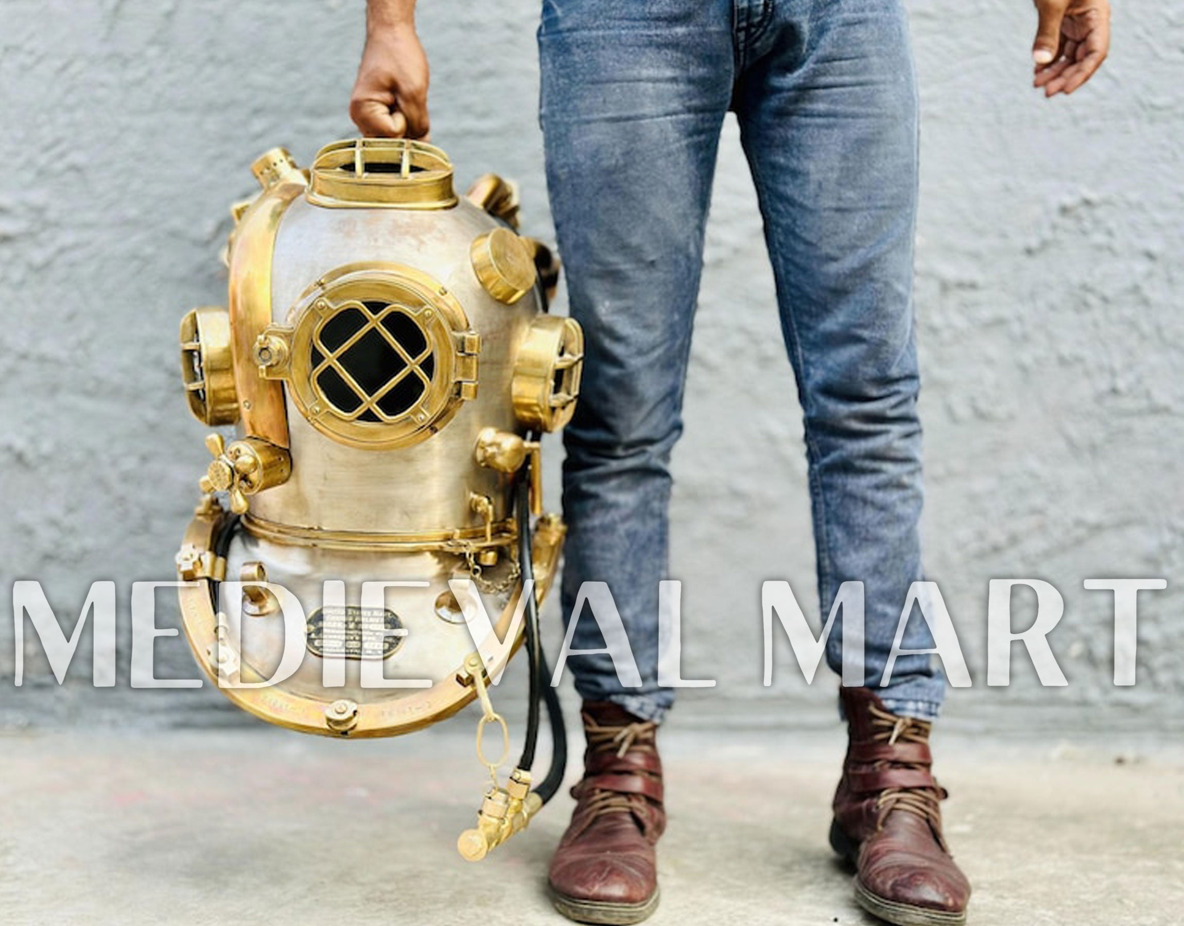 MEDIEVALMART  1945 US Navy Helium Copper brass Diving Helmet With Wooden Base