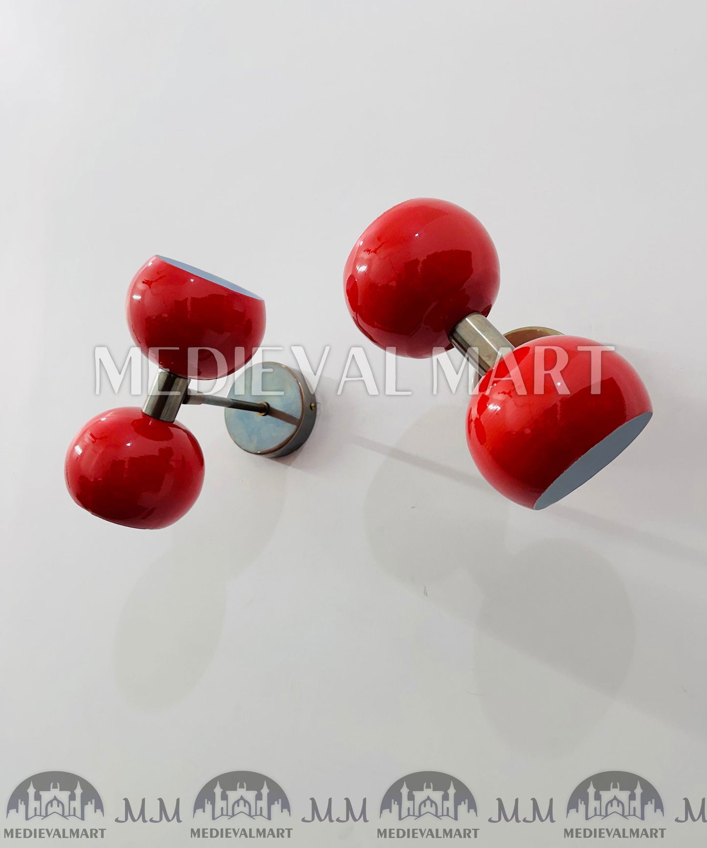 MEDIEVALMART Pair of Red Diabolo Wall Sconces: Mid-Century Italian Brass Fixture