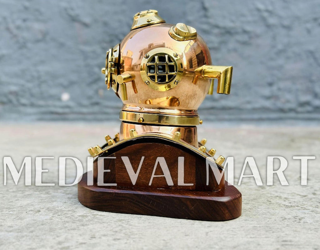 MEDIEVALMART 6"INCH Pure Cooper Brass Diving Helmet With Wooden Base