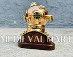 MEDIEVALMART 6"INCH Pure Cooper Brass Diving Helmet With Wooden Base